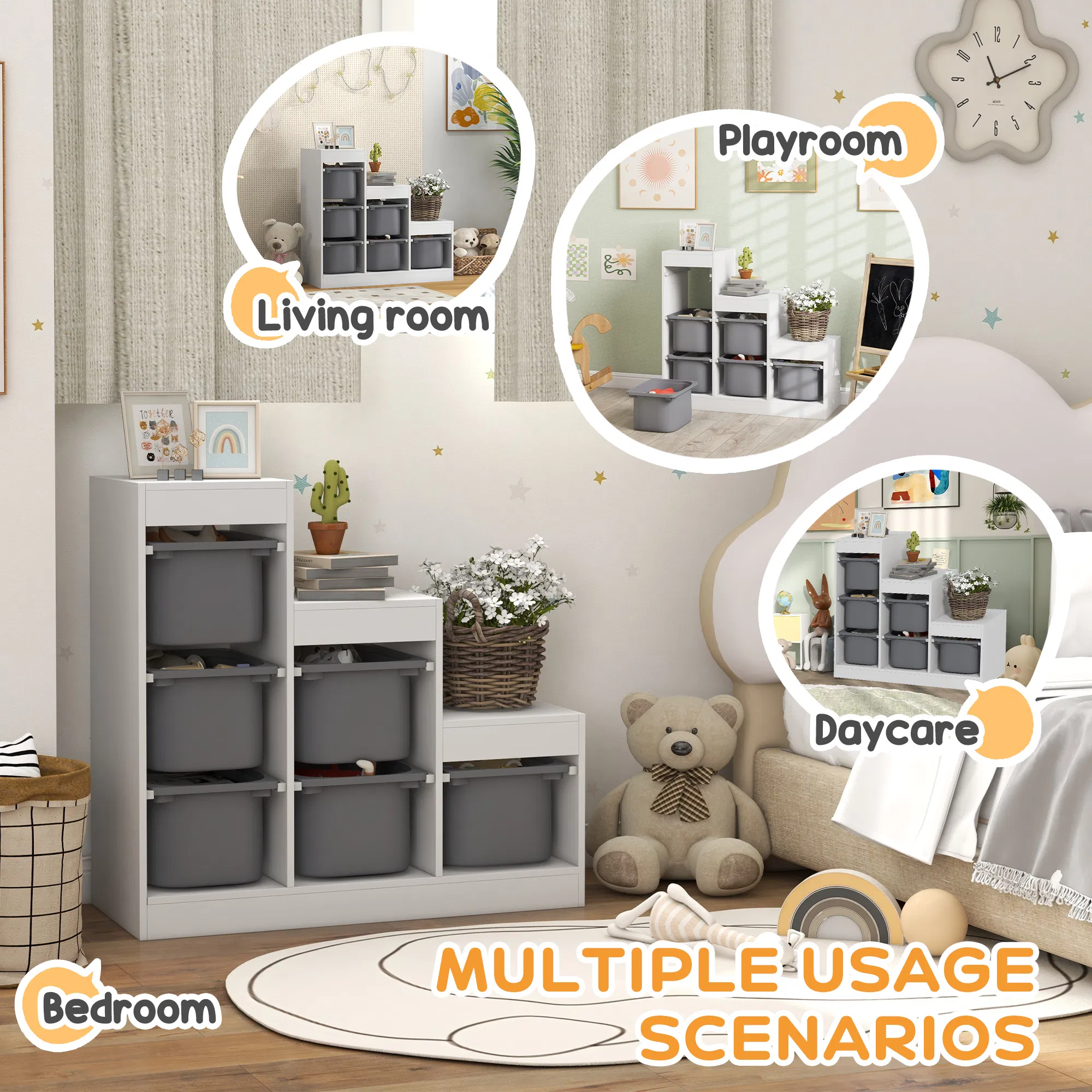 3 Layers Toy Storage Organizer Kids Bookshelf Children Toy Storage w/ 6 Plastic Bins, White photo 6
