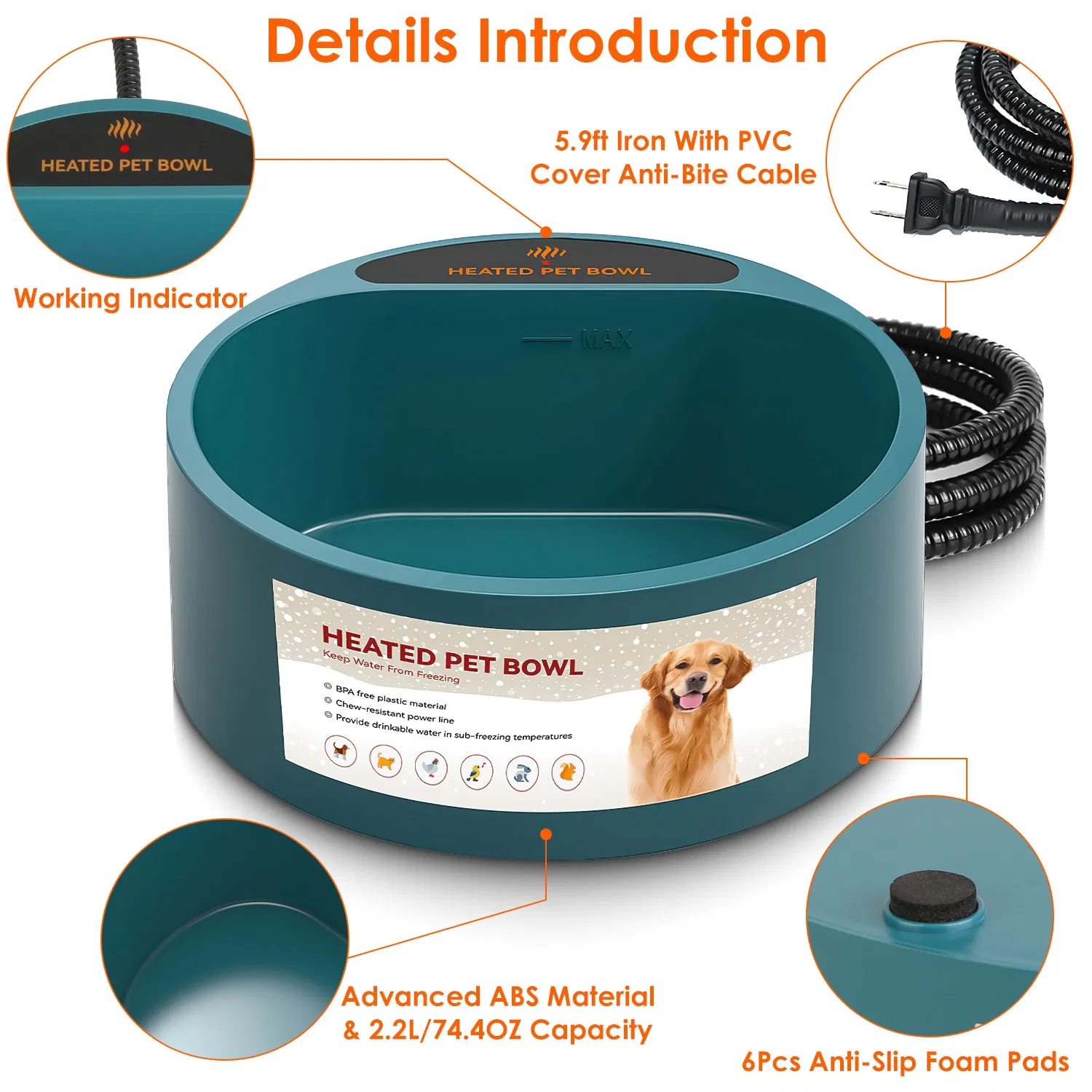 Heated Water Bowl for Dog Cat 74.4OZ Heating Water Dish IP67 Waterproof Thermal Water Bowl Heated Pet Bowl Dog Cat Water Feeder Bowl for Dog Cat Rabbit Pet photo 5