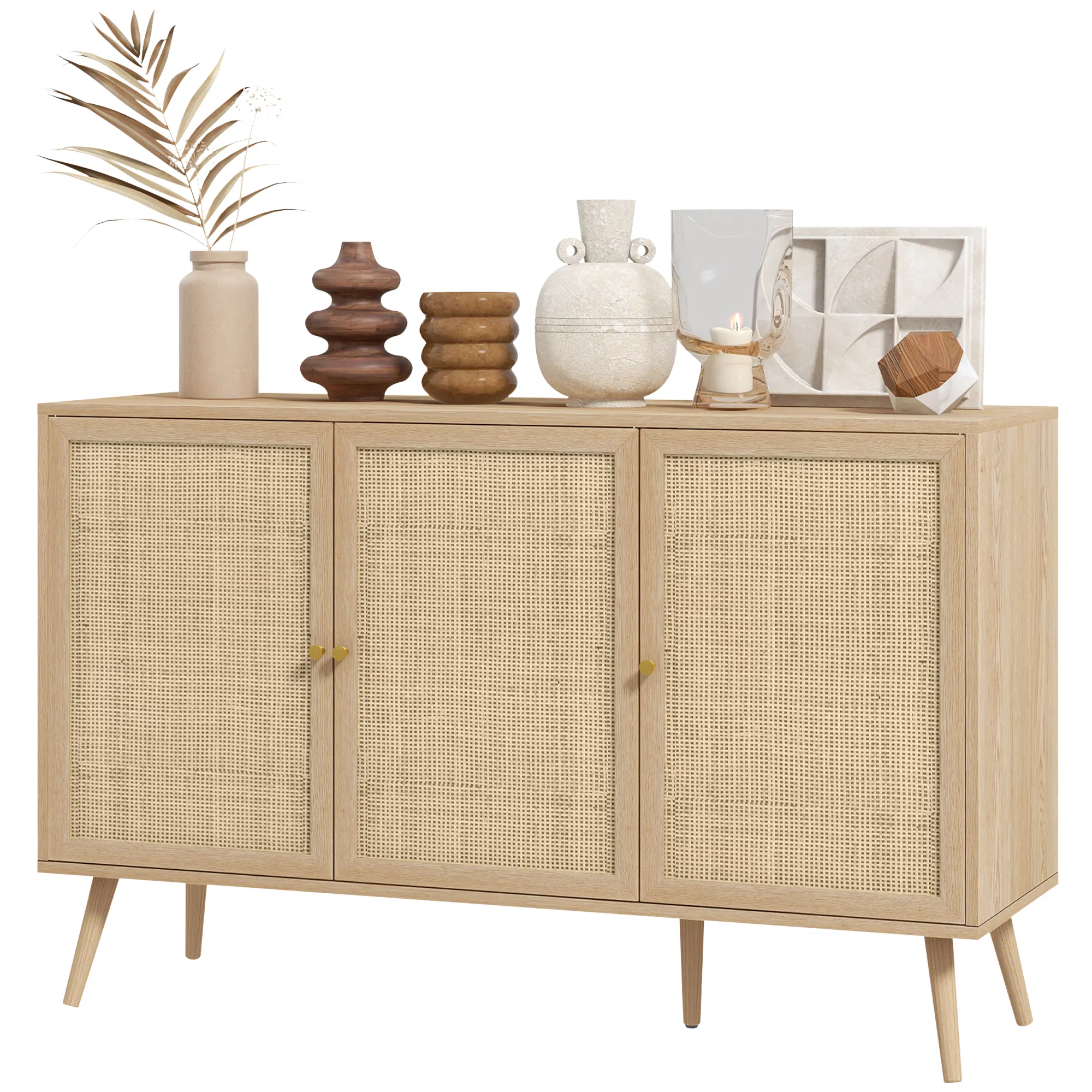 Kitchen Sideboard Cabinet, Boho Storage Cabinet with Shelves, Wood Legs, Decorative Rattan Doors, Natural photo 1