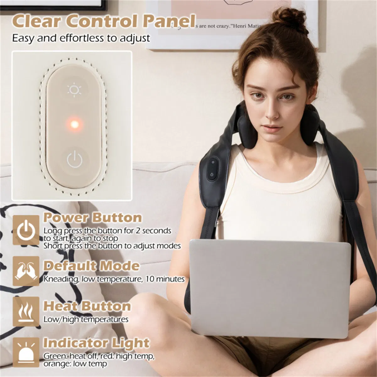 Neck Shoulder Massager - 4D Deep Tissue Kneading, 2 Modes & 2-Level Heat (104-113°F), Hands-Free Straps for Home/Office/Travel photo 2