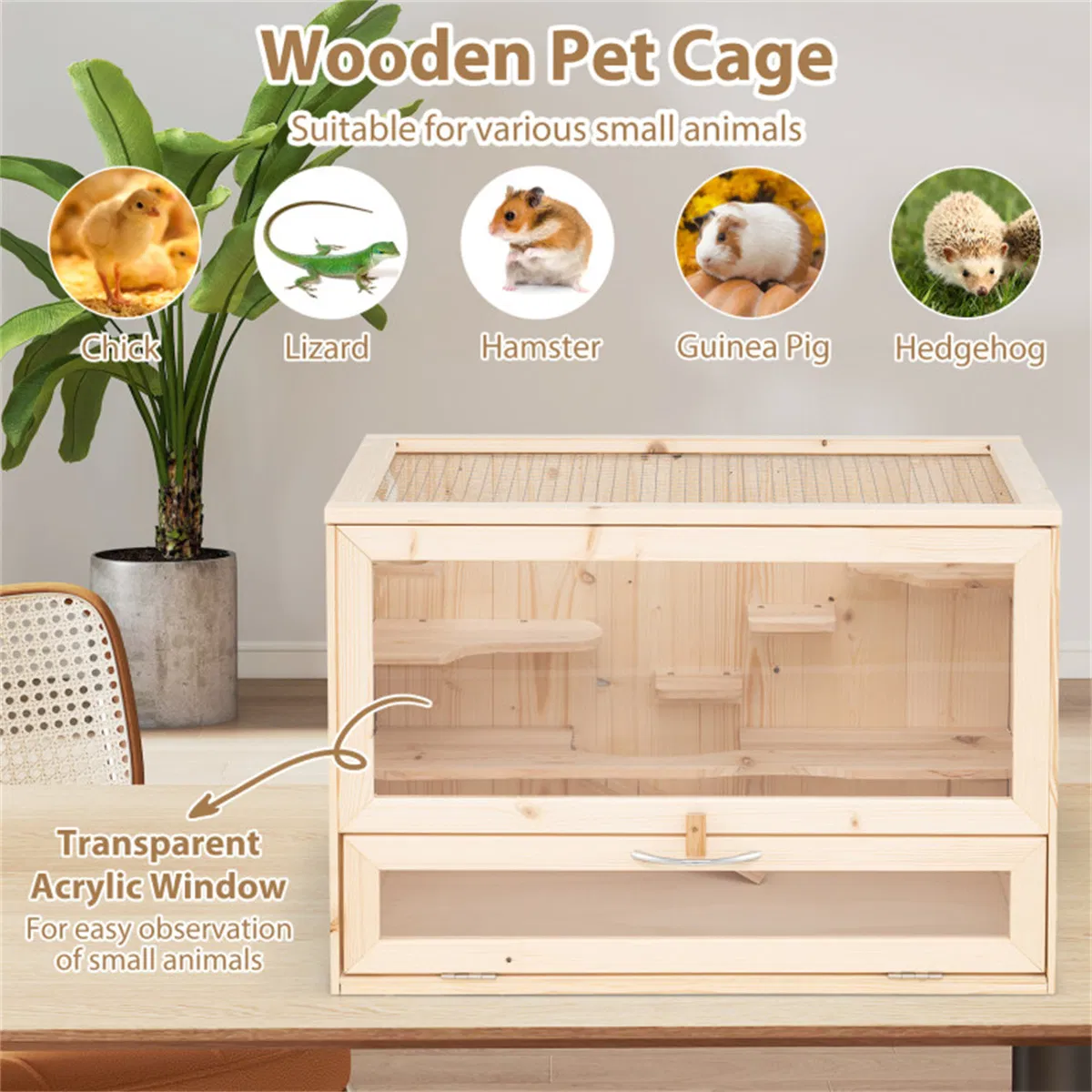 Fir Wood Hamster Cage with Flip Roof, Multi-Ladder Activity Areas for Guinea Pigs Hedgehogs photo 7