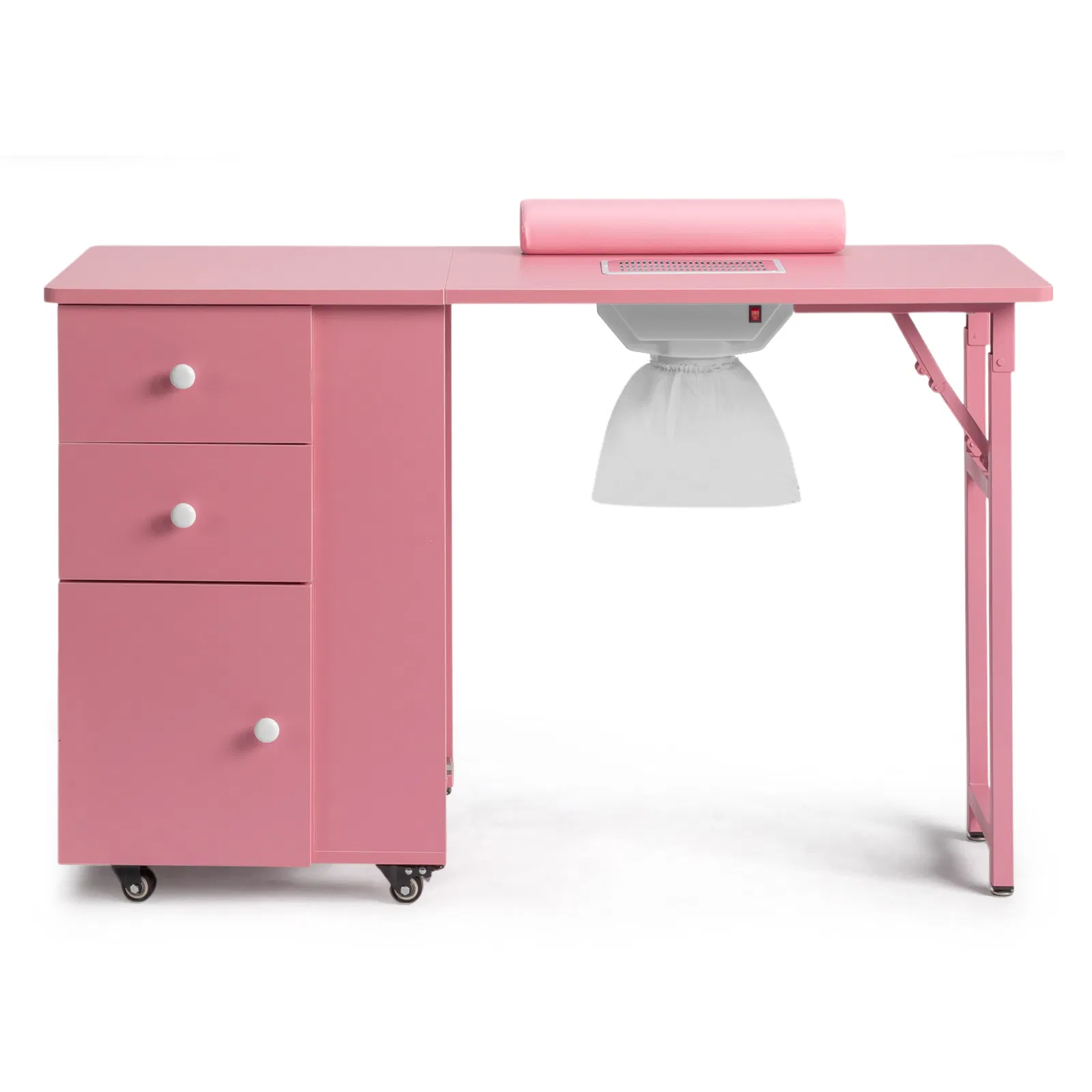 Nail Desk Folding Table, Pink MDF Manicure Station w/ 2 Drawers & 1 Door Cabinet for Nail Art Salon Home Beauty photo 5