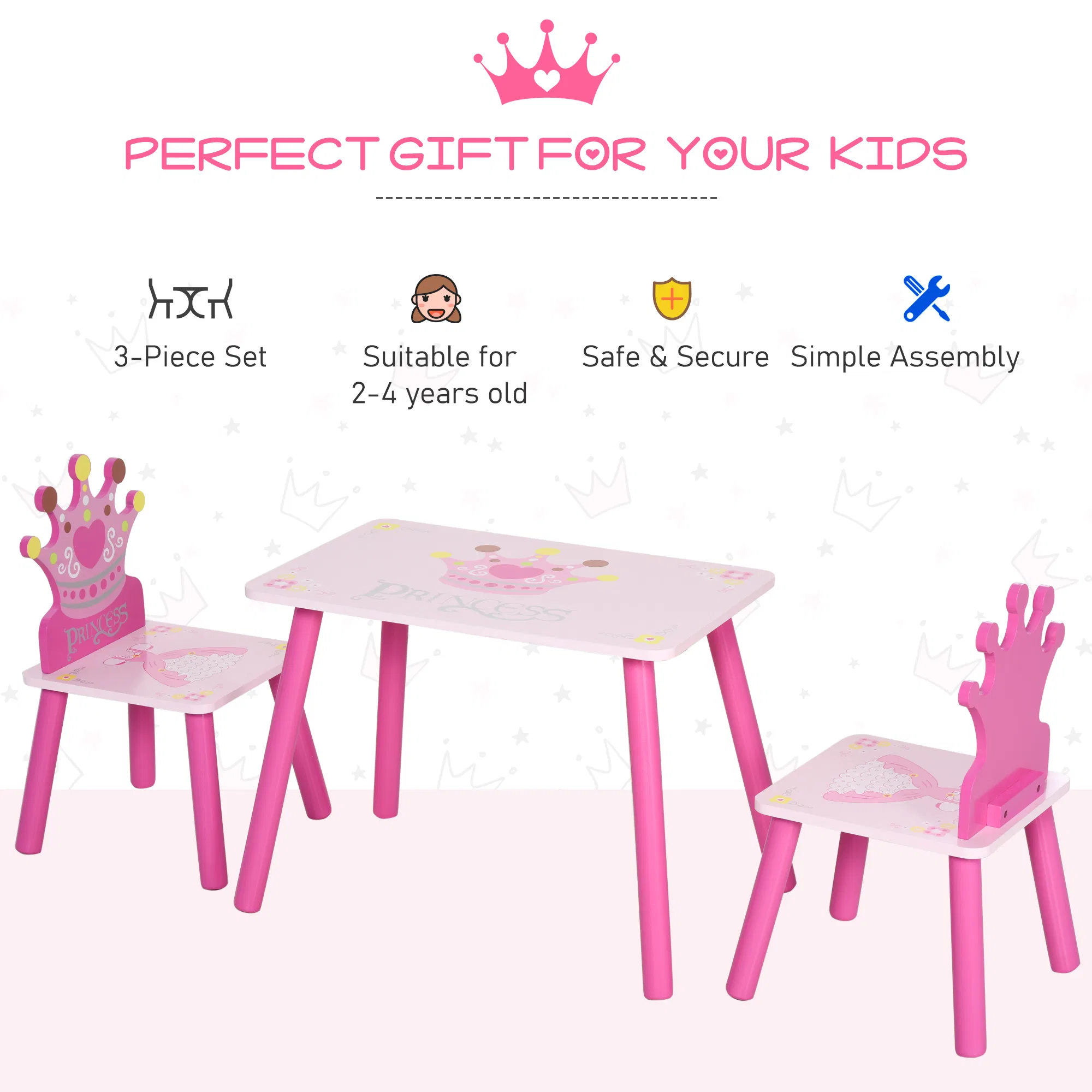 3-Piece Set Kids Wooden Table Chair with Crown Pattern Easy to Clean Gift for Girls Toddlers Age 2-4 Years Old Pink photo 3
