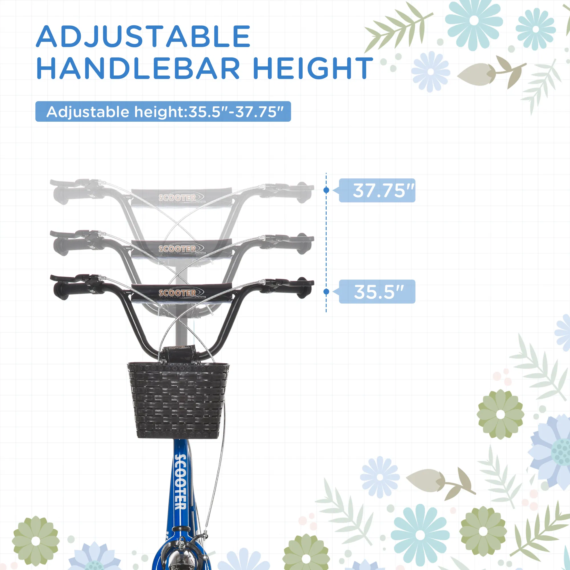 Kick Scooter with Adjustable Handlebar, Kids Scooter with 2 Brakes Basket Cupholder 16" Inflatable Rubber Tyres Blue photo 5