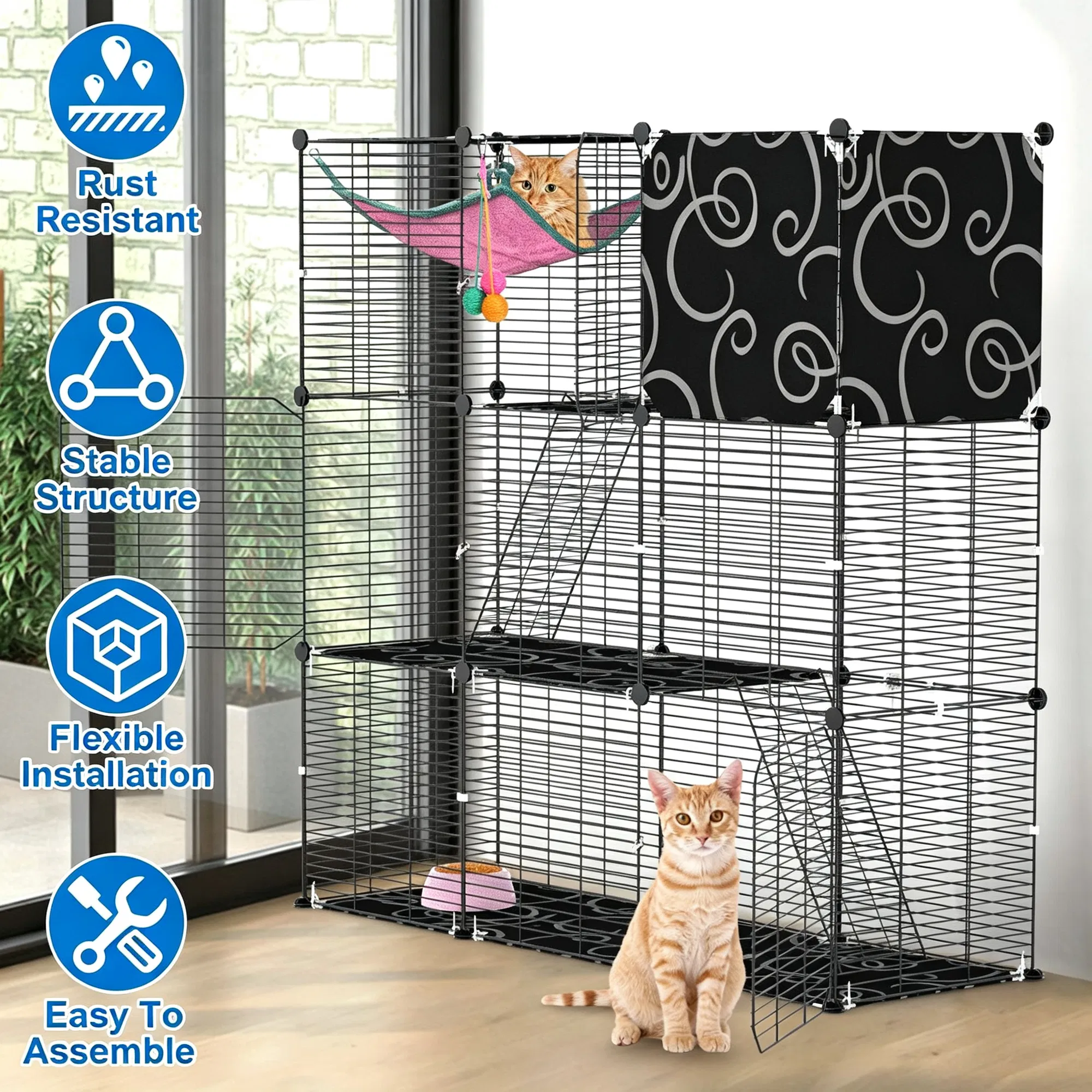 3-Level Metal Cat Cage Enclosure, Modular Pet Habitat with 3 Doors, 2 Ladders, Plush Hammock and Toy Ball for Small Indoor Animals photo 1