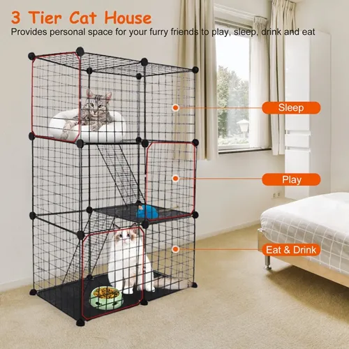 3 Tier Cat Playpen Cage Metal Indoor Cat House Detachable Kitten House with 3 Doors 2 Ladders Large Cat Exercise Place for 1-2 Cats Black photo 5