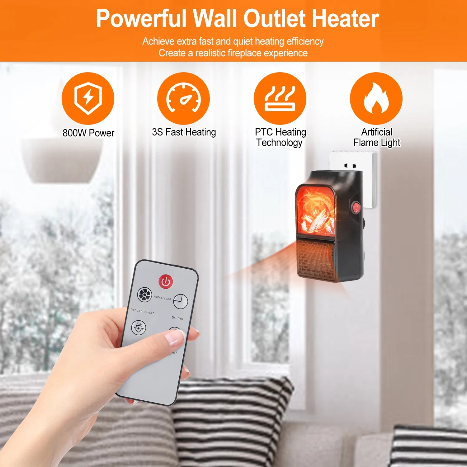 800W Plug-In Space Heater Wall Outlet Heater with 360° Rotatable Plug Adjustable Temperature 2 Wind Speeds Remote Control photo 4