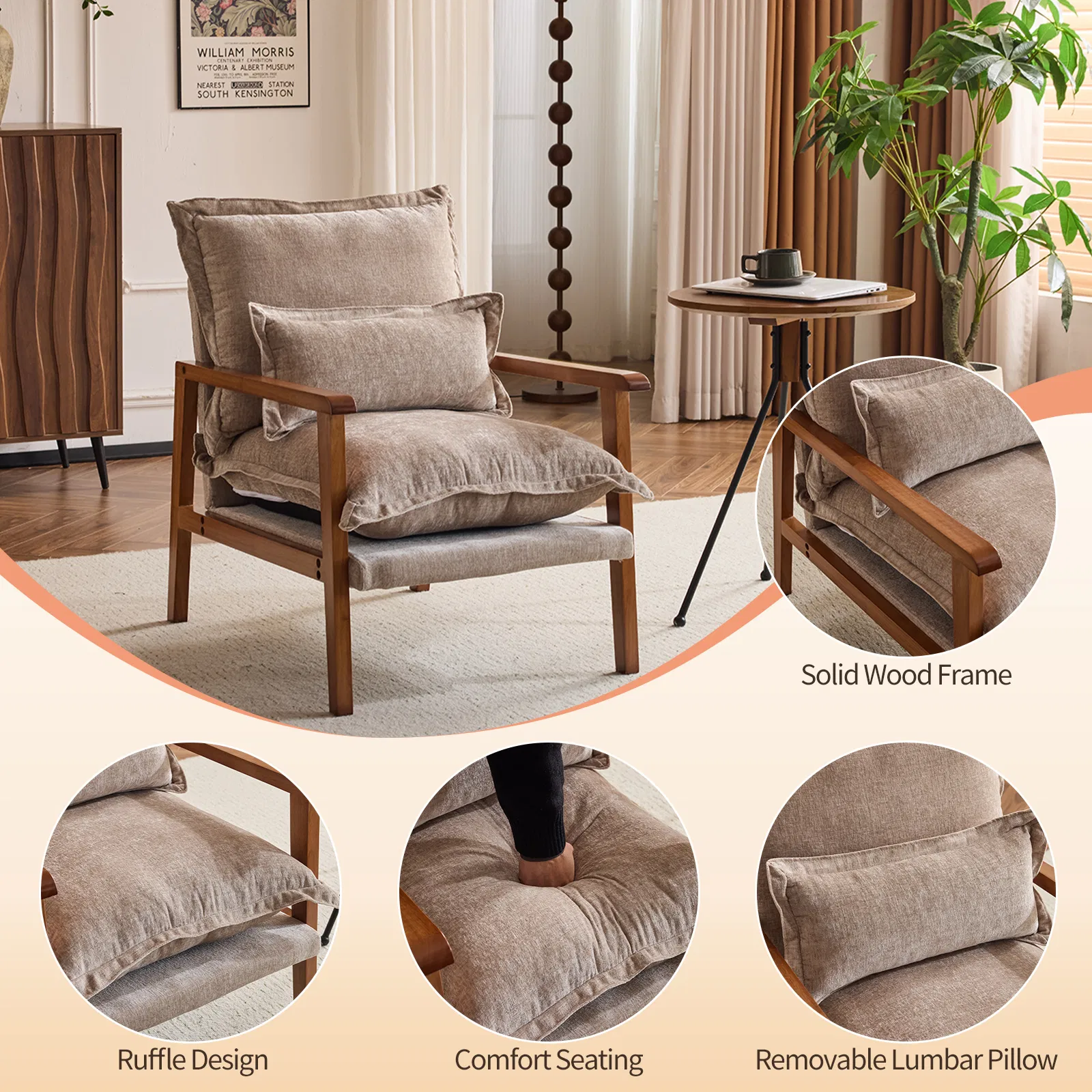 Cloud Shaped Indoor Leisure Chair with Solid Wood Armrest, Metal Frame, Chenille Fabric Accent Chair with Lumbar Pillow, Single Sofa Chair Khaki photo 4