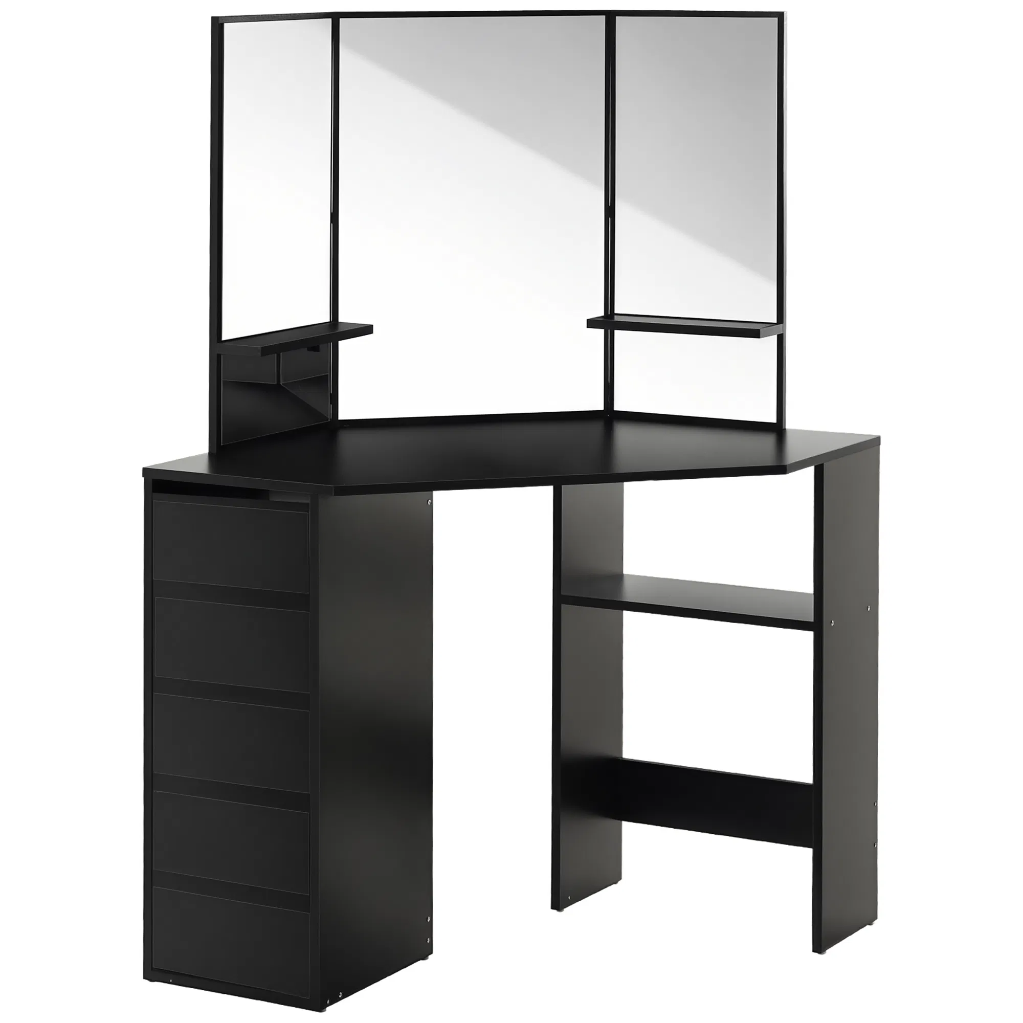 Corner Vanity Desk with Mirror, Makeup Vanity Table with 5 Drawers and Open Shelves, Dressing Table with 3-piece Mirror for Bedroom, Black photo 1