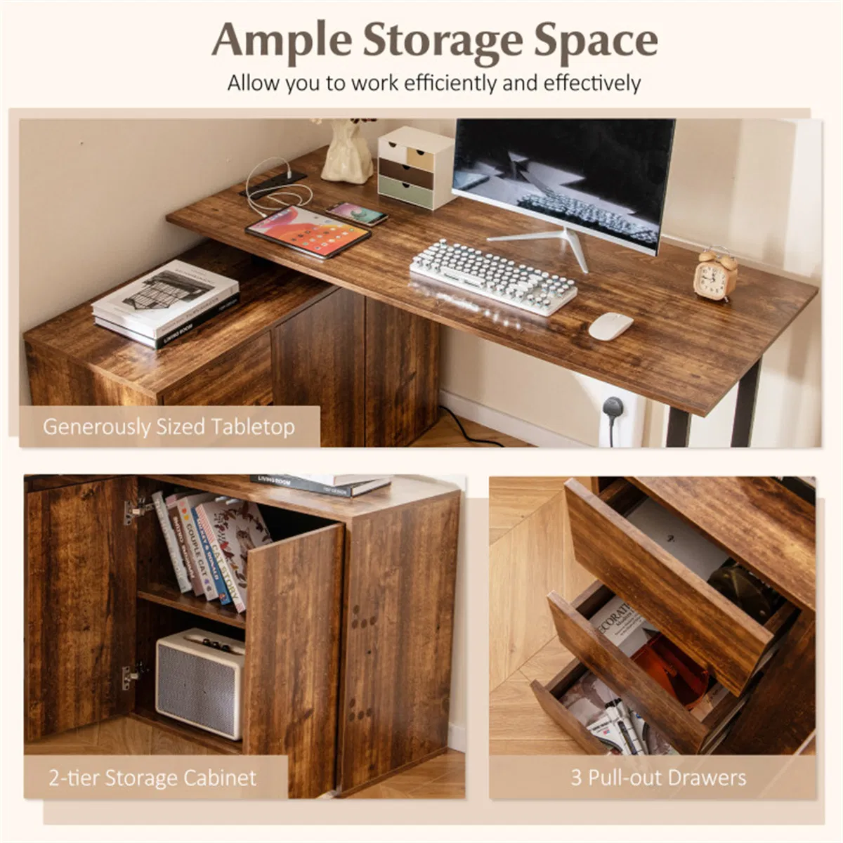 Reversible L-Shaped Desk with Built-in Charging Station, Home Office Desk with Drawers & File Cabinet - Rustic Brown photo 2