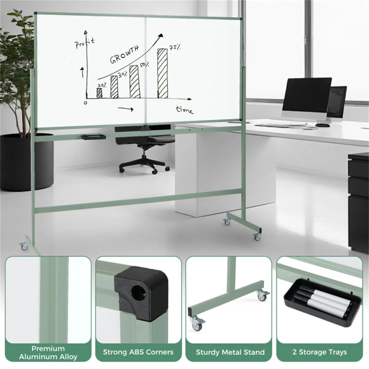 360° Rotating Double-Sided Magnetic Whiteboard, 182.88×91.44cm Writing Surface Mobile Dry Erase Board with Casters, Green photo 6