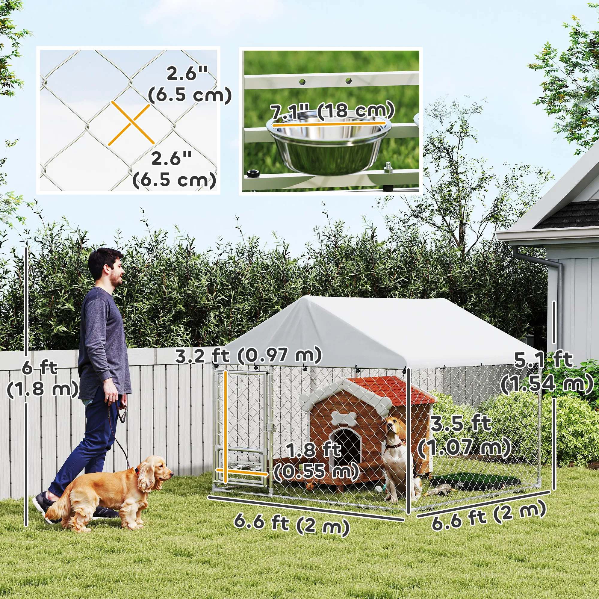 Outdoor Dog Run w/ Adjustable & Rotating Bowls, Waterproof UV-Resistant Cover, Secure Lock, 6.6' x 6.6' x 5.1' photo 5