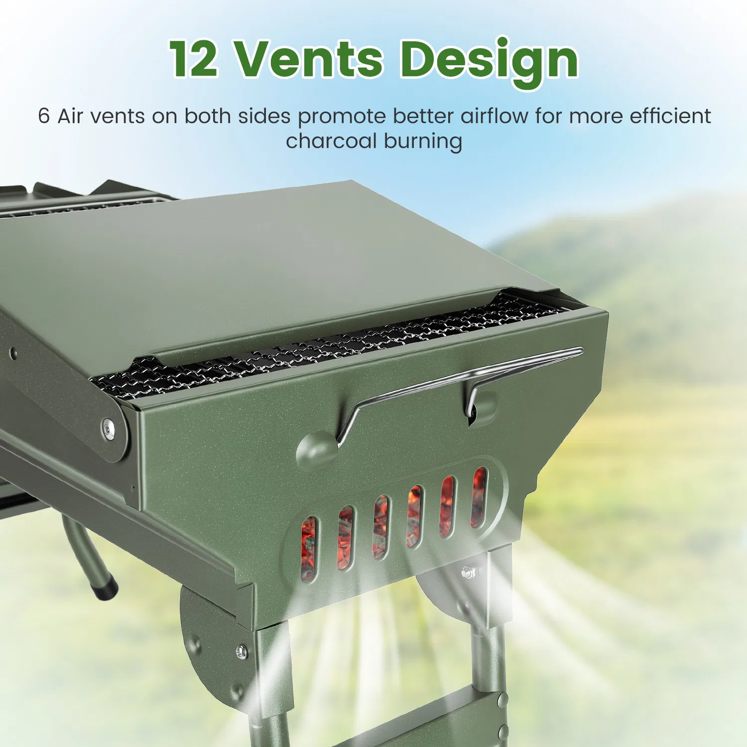 Foldable Charcoal Grill Portable BBQ Grill with Storage Shelf, Carry Handle, Air Vent Design, Chrome-Plated Grill Grate, 10 Skewers, Outdoor Barbecue Grill for Camping Picnic Backyard Travel photo 3