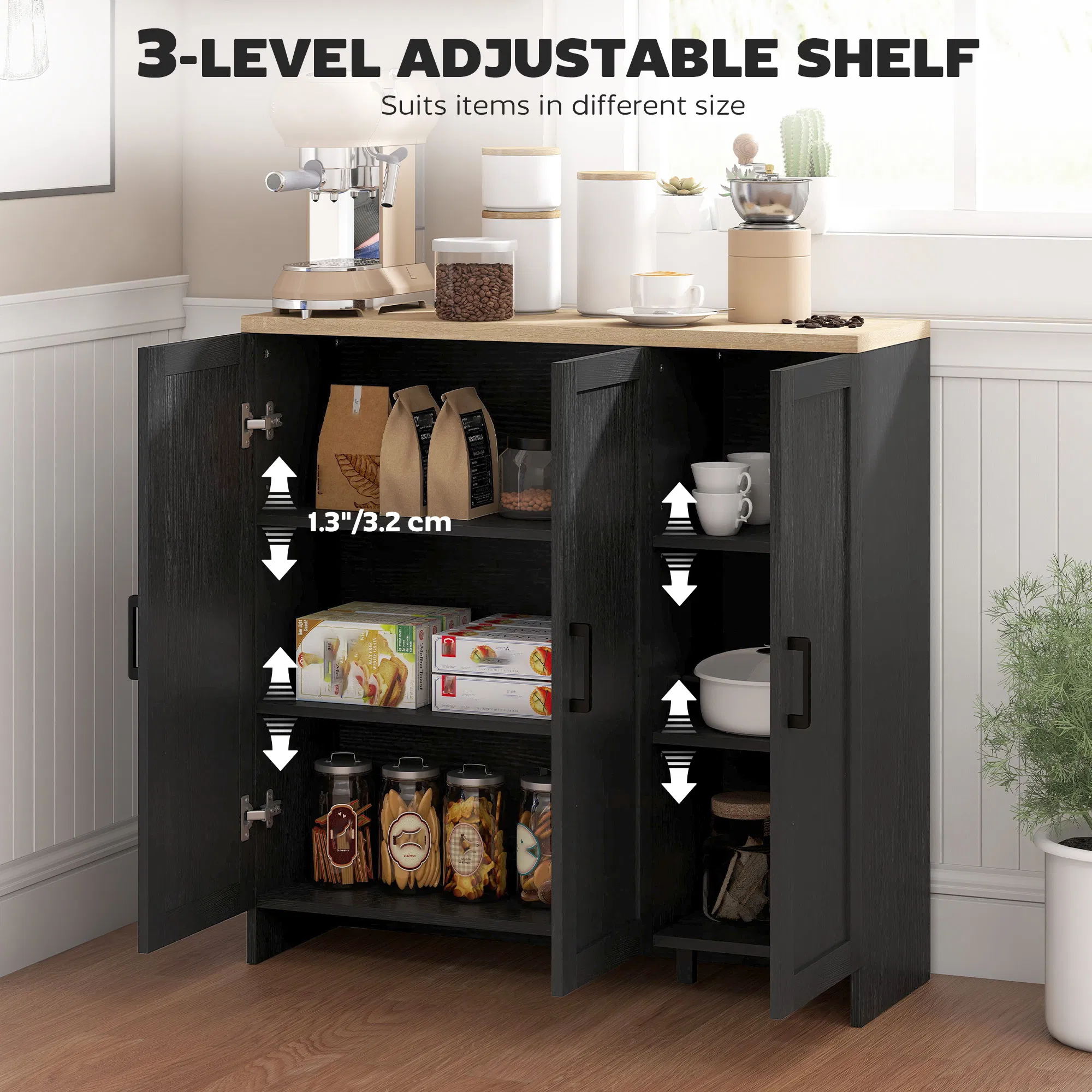 Modern Sideboard Buffet Cabinet, Modern Kitchen Storage Cabinet with 3 Doors Adjustable Shelves, for Dining Room, Black photo 3