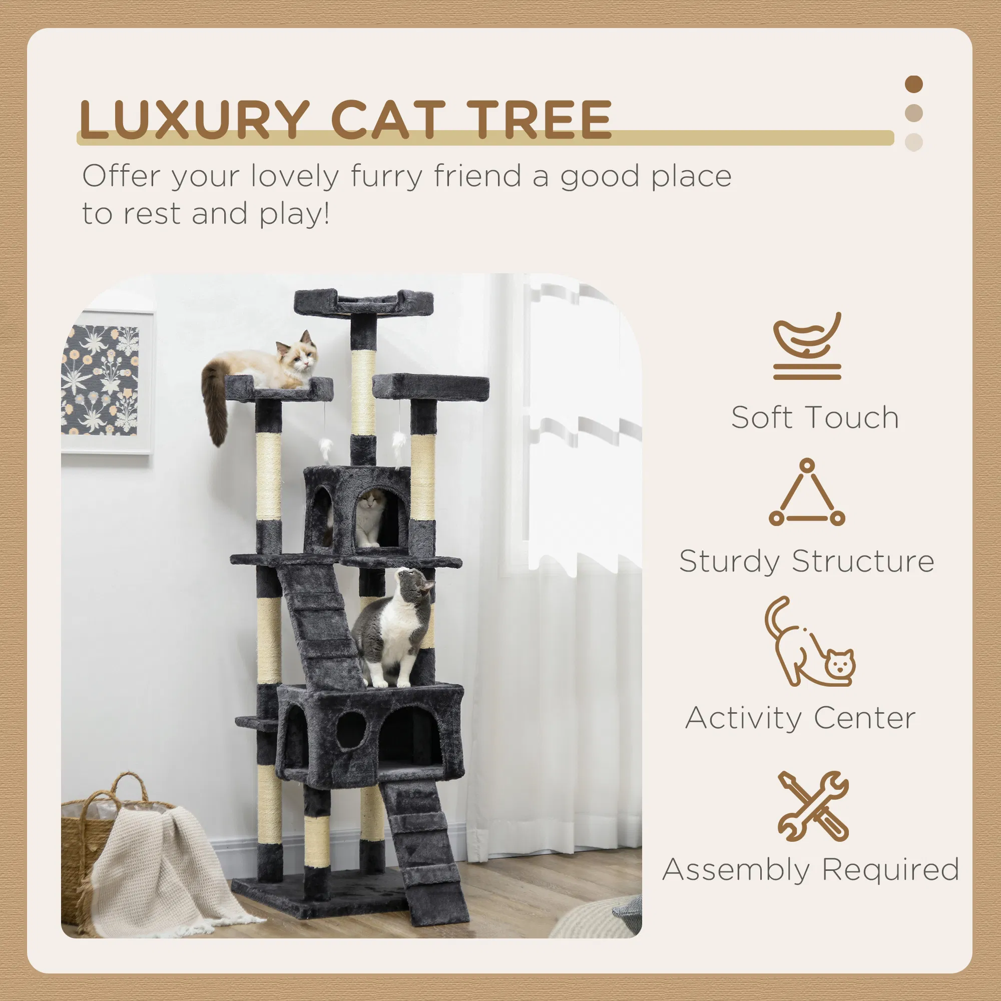 68-inch Multi-Level Cat Scratching Tree Kitty Activity Center Post Tower Condo Pet Furniture w/ Toy Charcoal Grey photo 3