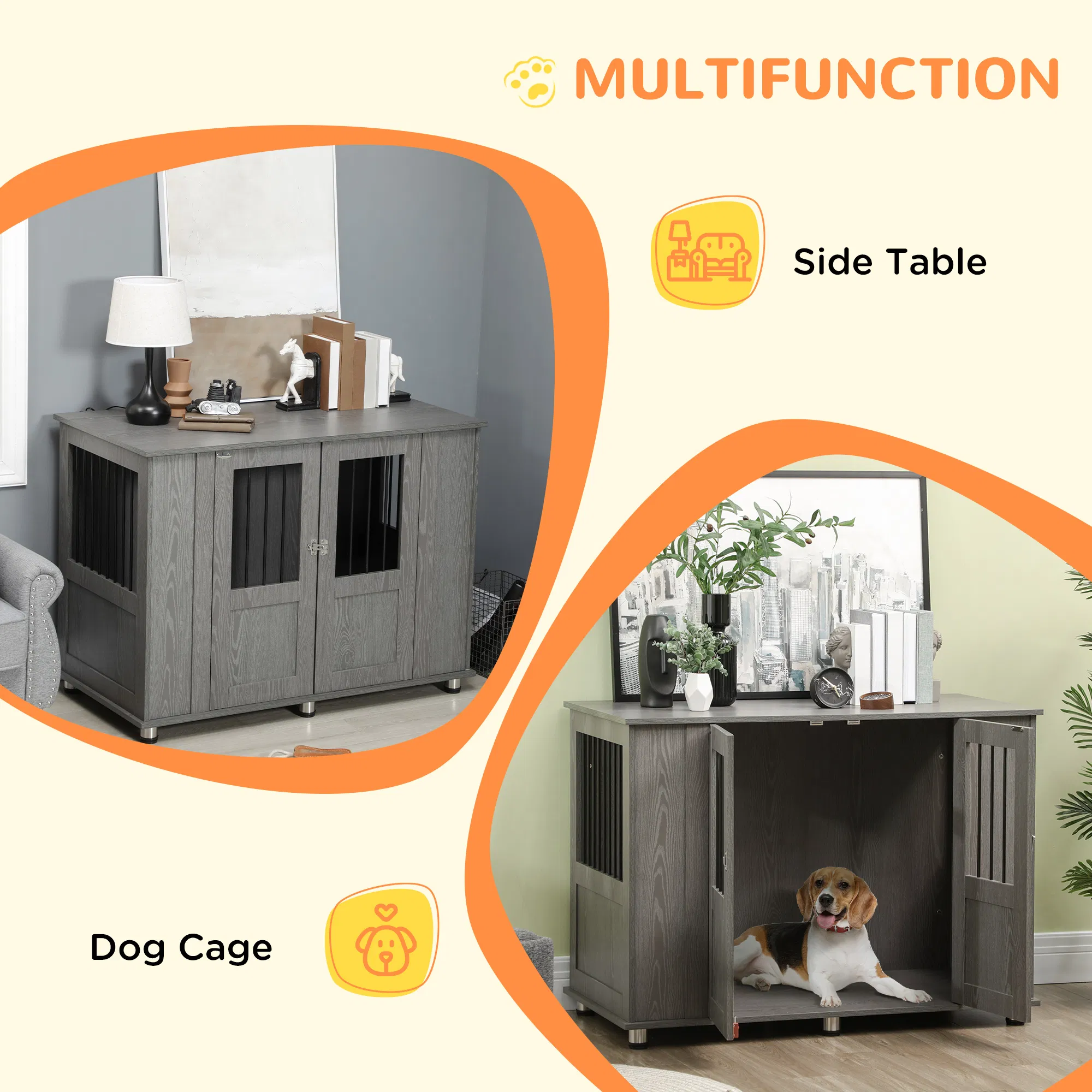 Dog Crate Furniture with Lockable Magnetic Door, Adjustable feet for Extra Large, Medium & Small Dogs, Indoor Use, Grey photo 2