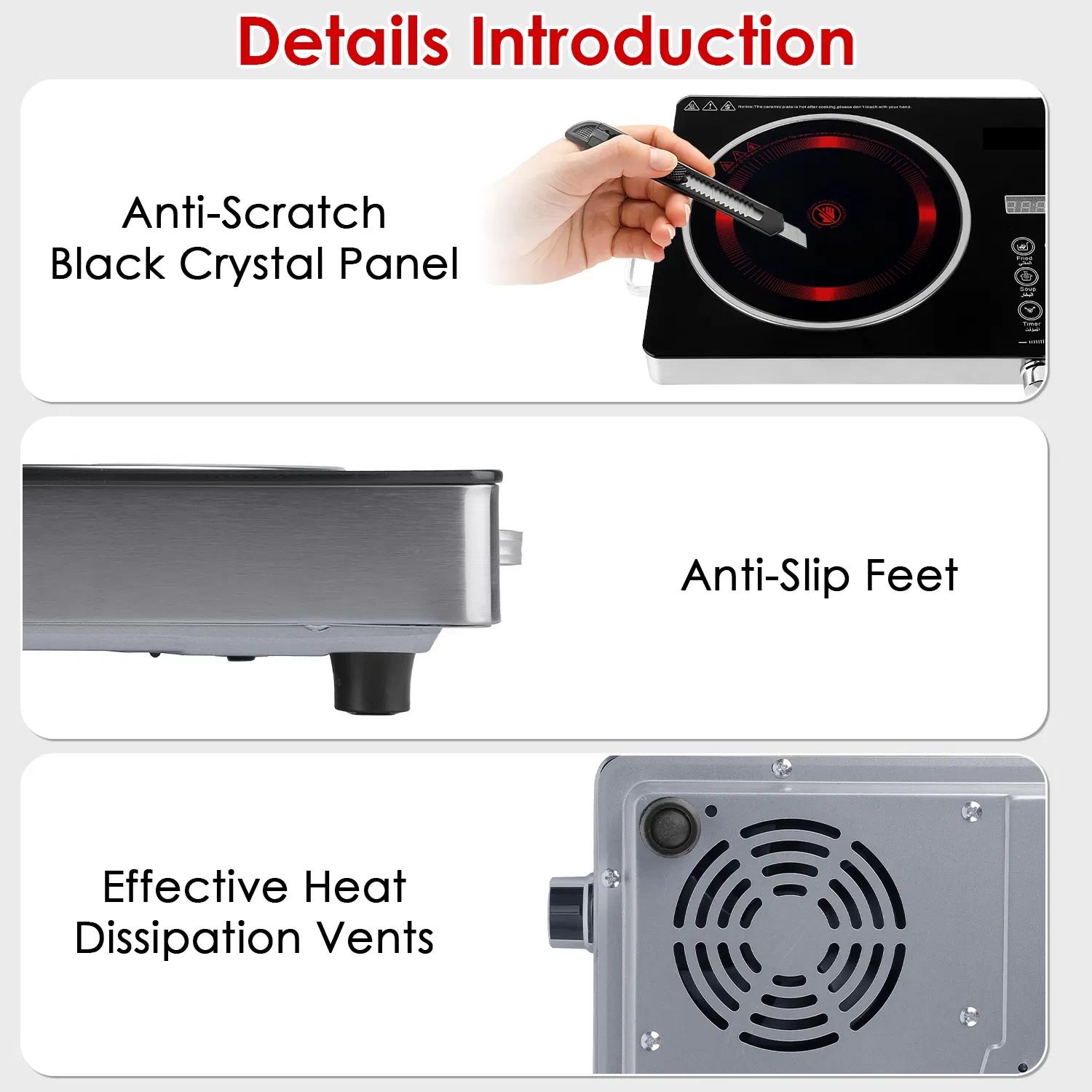 Portable Electric Single Burner Cooktop 3500W 110V, Heat-Resistant Glass Surface (Easy to Clean) with Side Handles, 4 Preset Cooking Modes for Camper/Studio/Dorm photo 7