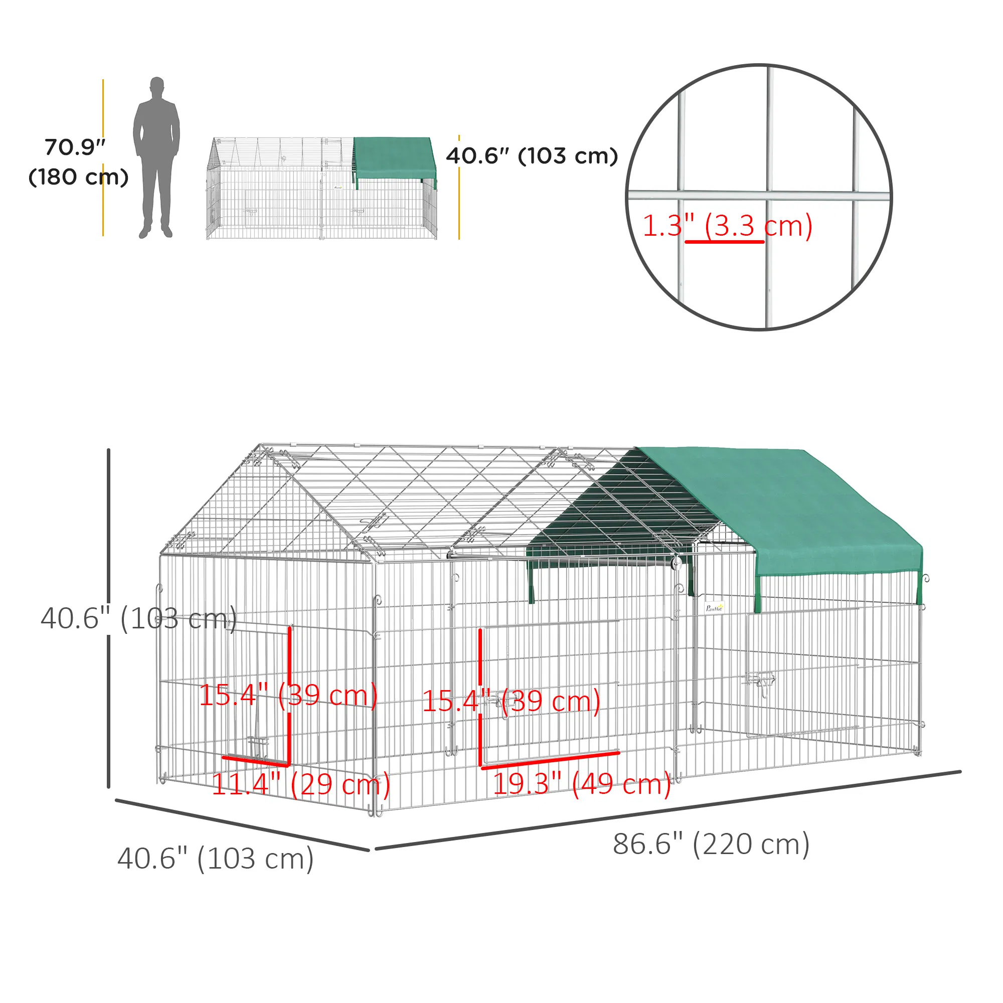 87x41x41-IN Catio Rabbit Guinea Pig Cage Chicken Coop Run, Small Animal Enclousure Outdoor Indoor with Cover and Multiple Doors, Green photo 5