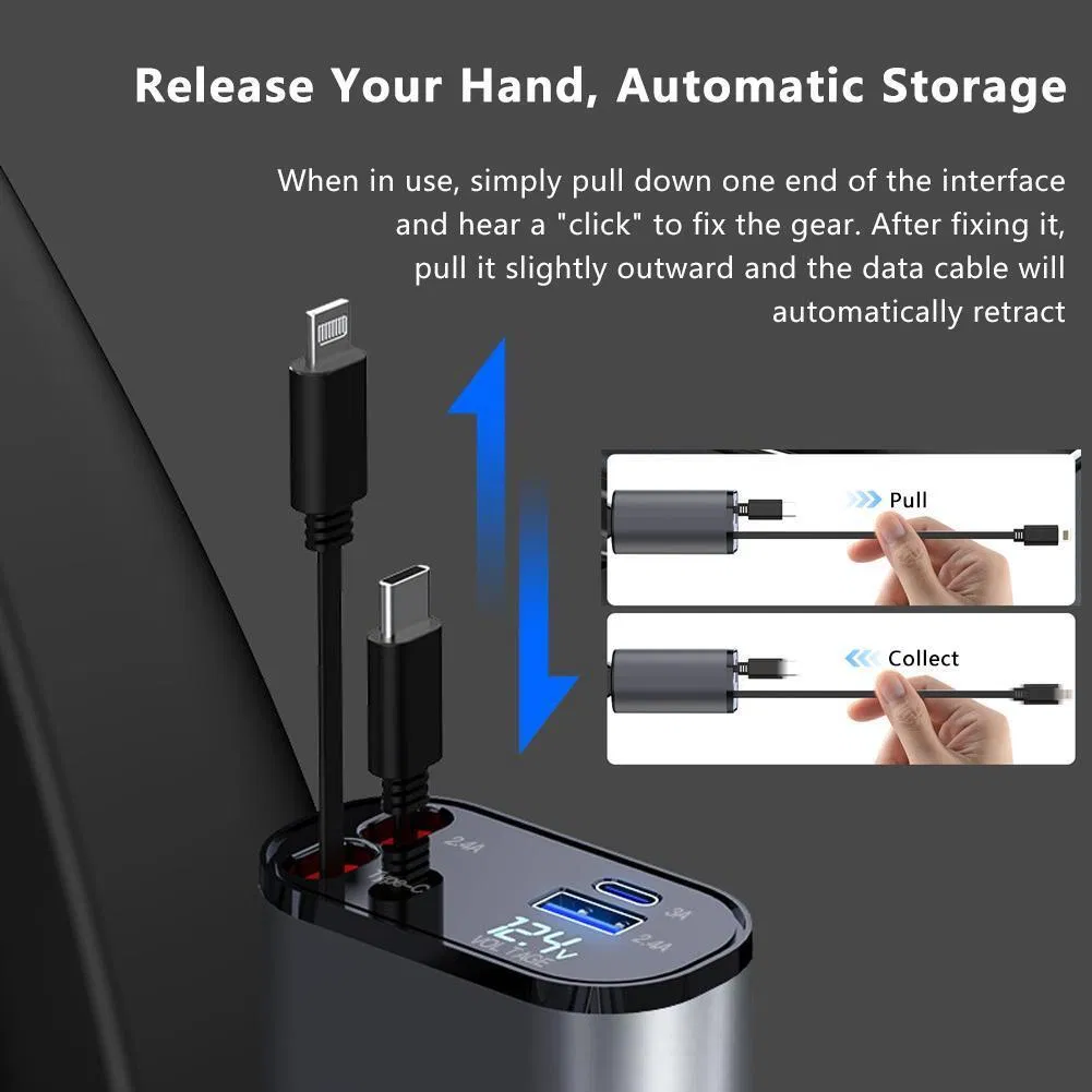 Retractable Car Charger 4 in 1 Fast Car Phone Charger 120W With USB Type C Cable photo 2