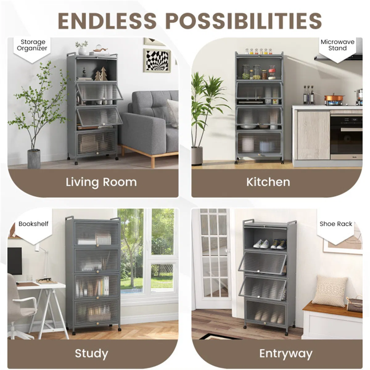 5-Tier Rolling Microwave Stand Flip Dust-Proof Doors 4 Casters with Brakes Kitchen Storage Rack Gray photo 4