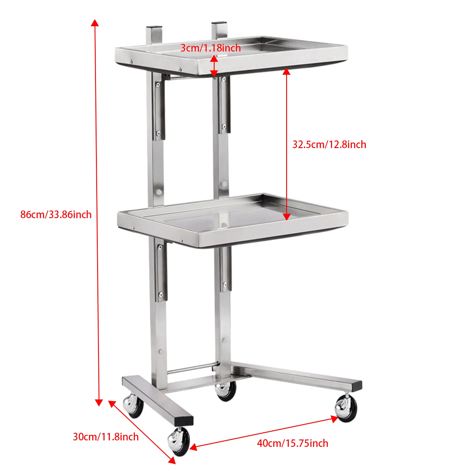 2 Tier Beauty Salon SPA Rolling Cart with Double Storage Tray Stainless Steel photo 3
