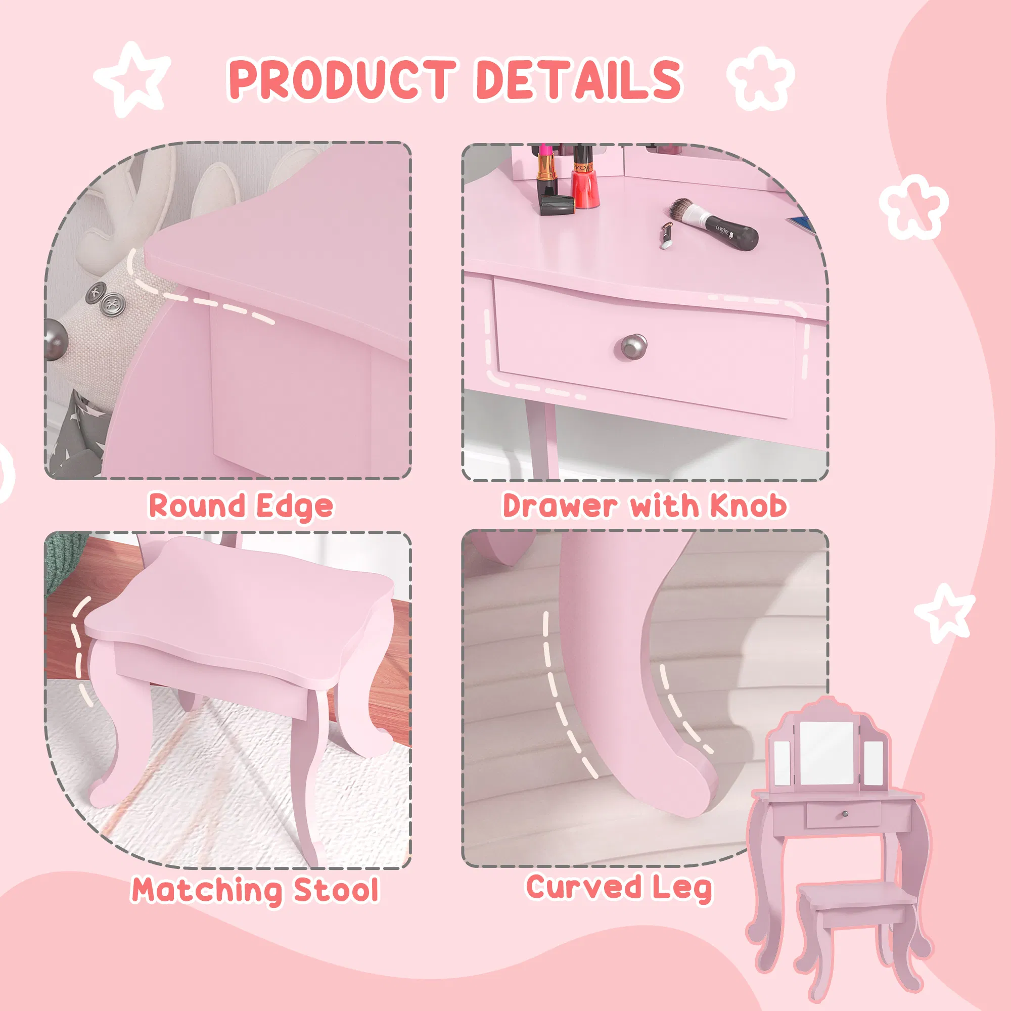 Kids Vanity Table and Stool, Makeup Vanity Girls Dressing Table Set with Tri-folding Mirrors Drawer Star and Heart Pattern, Pink photo 3