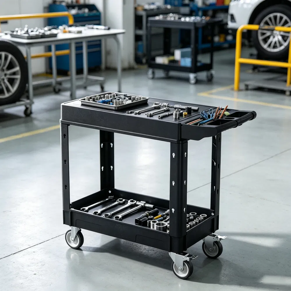 550 lbs Utility Cart, 31.3 x 17.7 Inch 2-Shelf Heavy Duty Plastic Service Cart with 360 Swivel Wheels (2 with Brakes), Suitable for Warehouse, Garage & Cleaning photo 7
