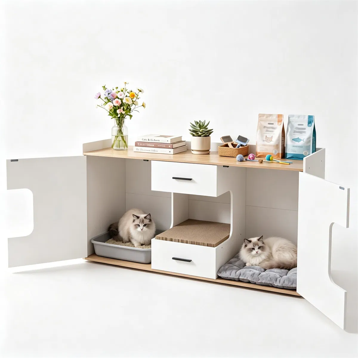 Large Cat Litter Box Enclosure Furniture with Storage Drawers & Built-In Scratching Board, Hidden Cat Washroom Cabinet with Anti-Tipping Kit for Living Room Bedroom photo 5