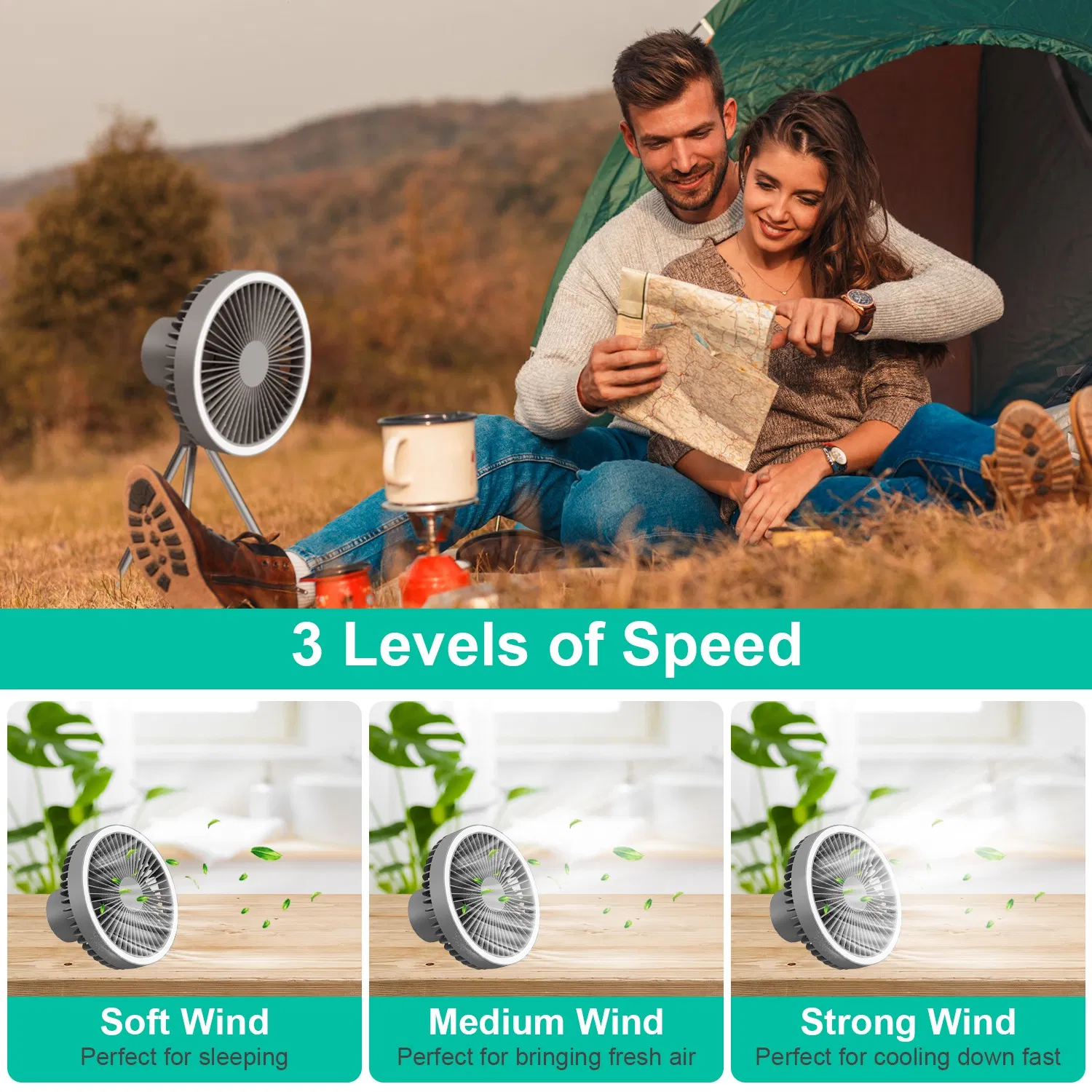 Camping Fan with Lantern 10000mAh Rechargeable Battery Powered Portable Tripod Fan for Tent with Hanging Hook photo 3