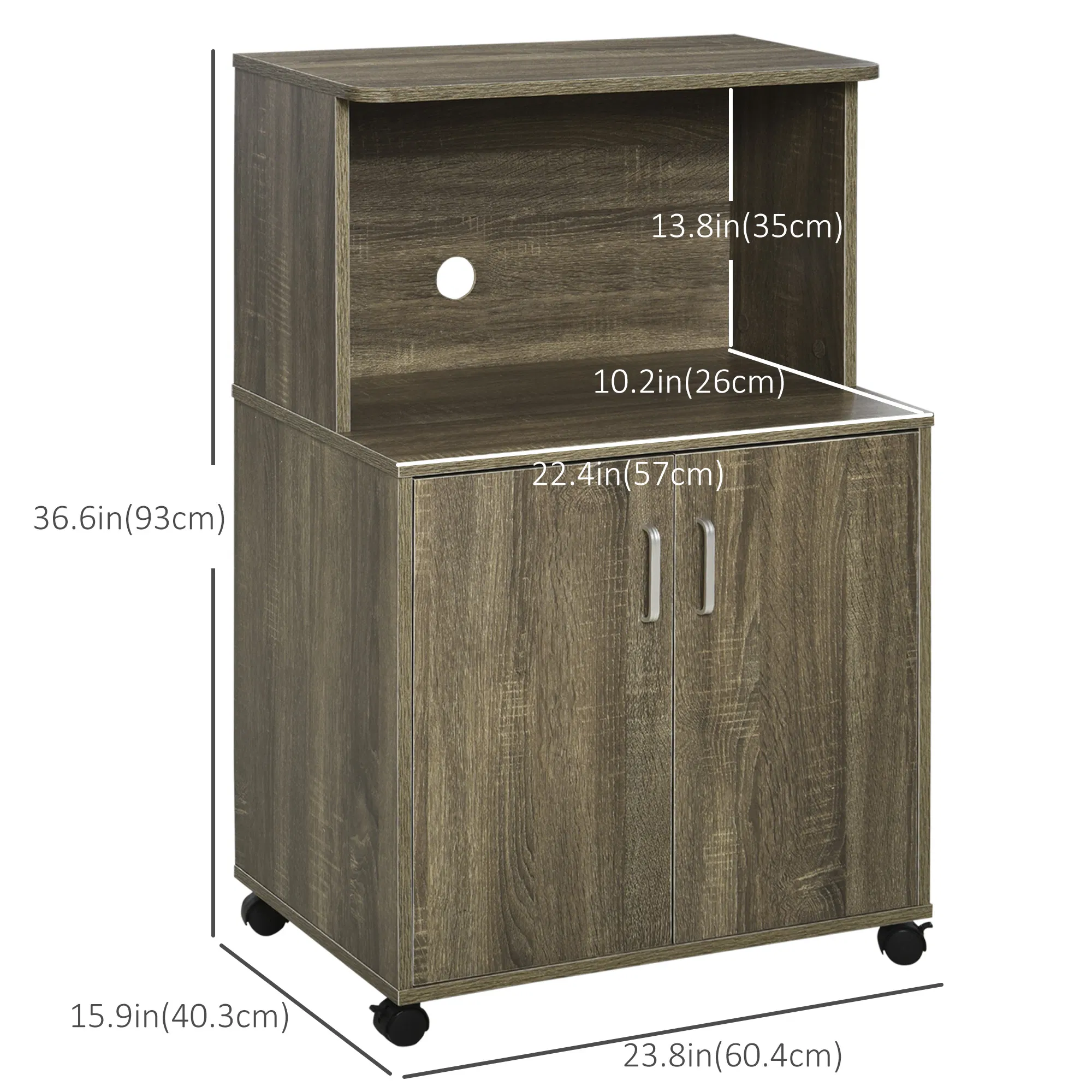 Microwave Cart on Wheels Utility Trolley Storage Sideboard Bookcase with 2-door Cabinet, Grey Wood Grain photo 2