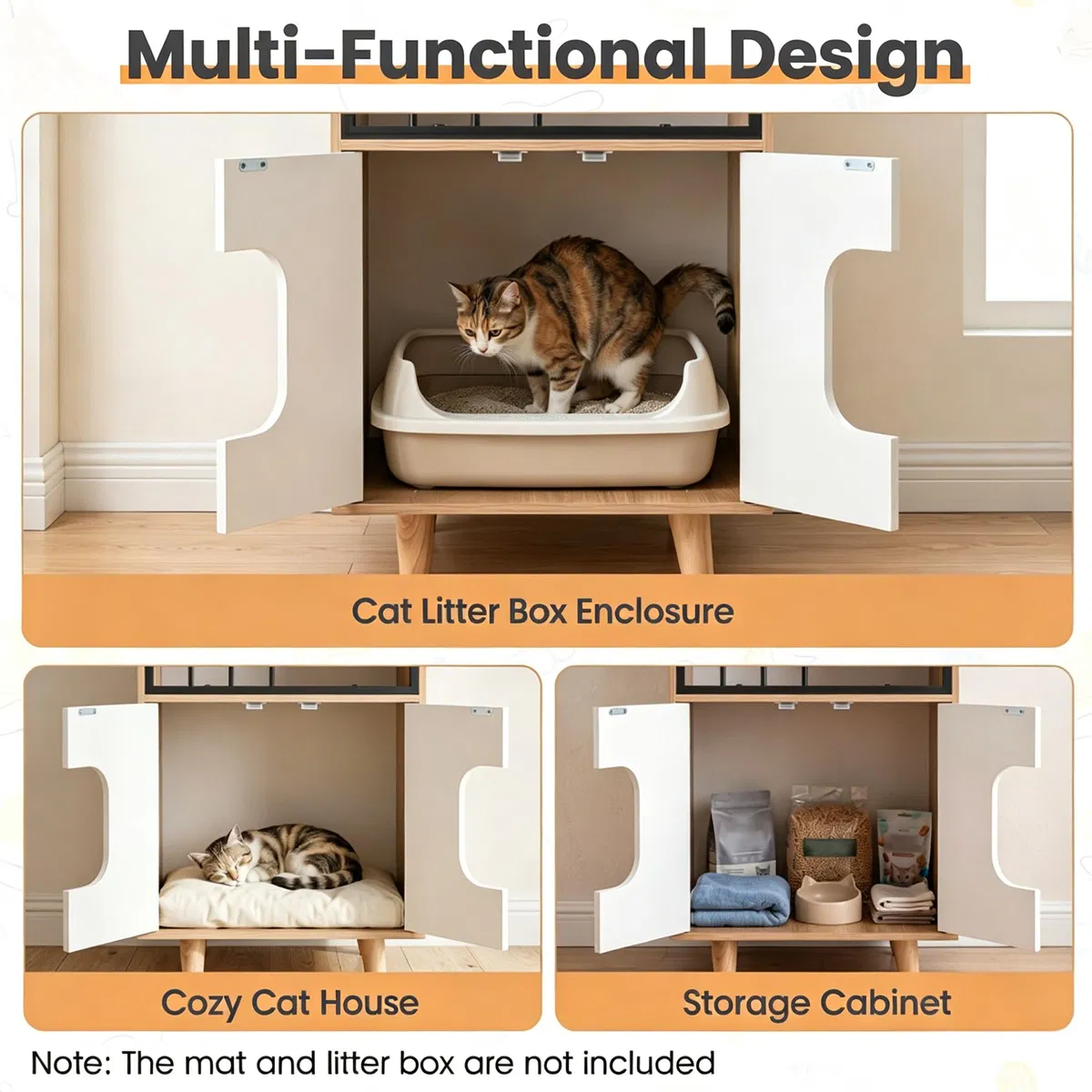 Natural & White Hidden Cat Litter Box Furniture, Elevated Cat Lounge Top Enclosed Cat Washroom Cabinet with Raised Legs for Living Room Bedroom Apartment photo 8