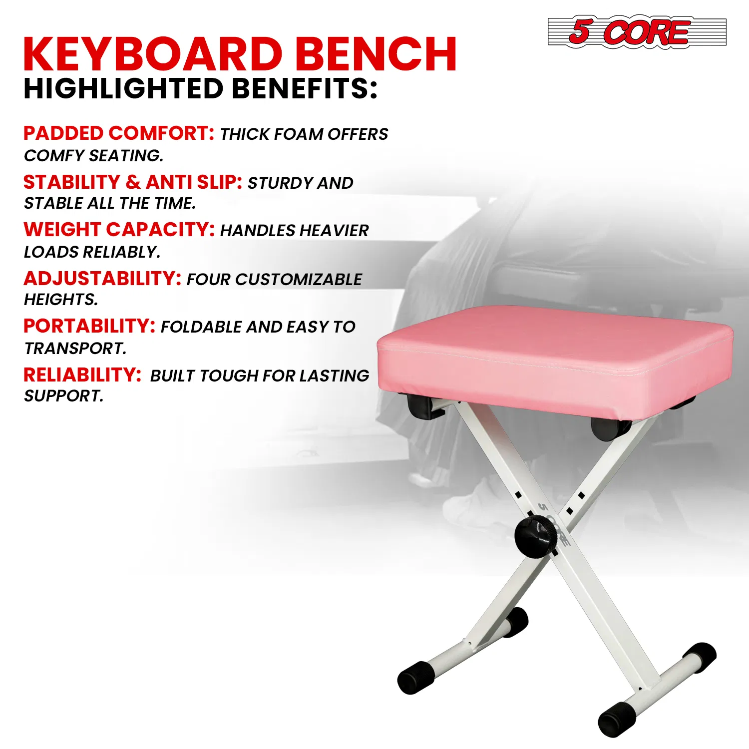 5 Core Keyboard Bench 3 Inch Padded Cushioned Piano Stool Height Adjustable Guitar Seat Heavy Duty Folding Portable Musician Chair W Nonslip Rubber Feet Black - KBB BLK HD photo 4