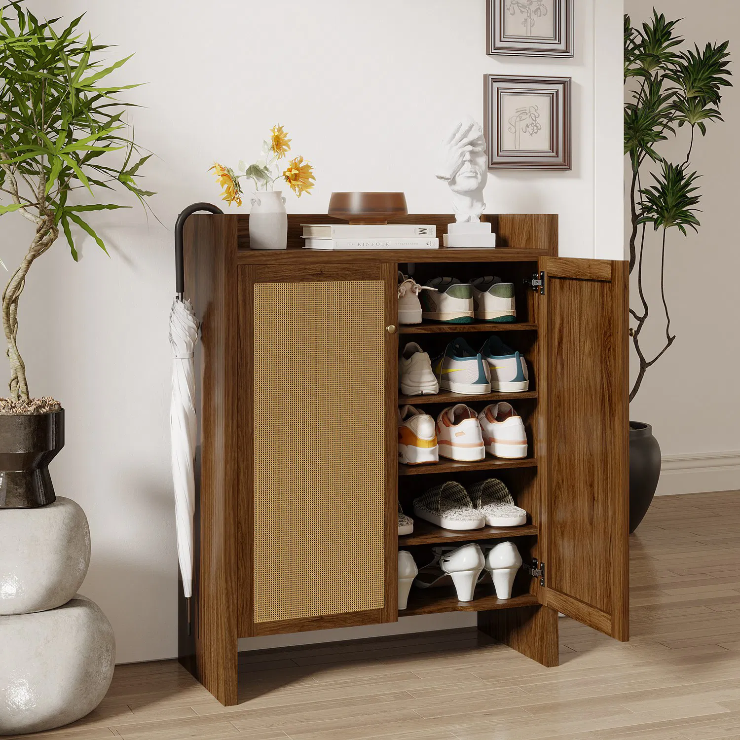 Shoe Cabinet Set, Large Capacity Shoe Storage Organizer Cabinet, Tall Rattan Shoe Cabinet with Doors and Shelves, 6-Tier Farmhouse Boho Wooden Storage Cabinet for Entryway Hallway photo 2