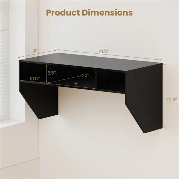 Black Wall-Mounted Floating Computer Desk with 3-Cube Storage, Sturdy Wooden Workstation for Home Office photo 3
