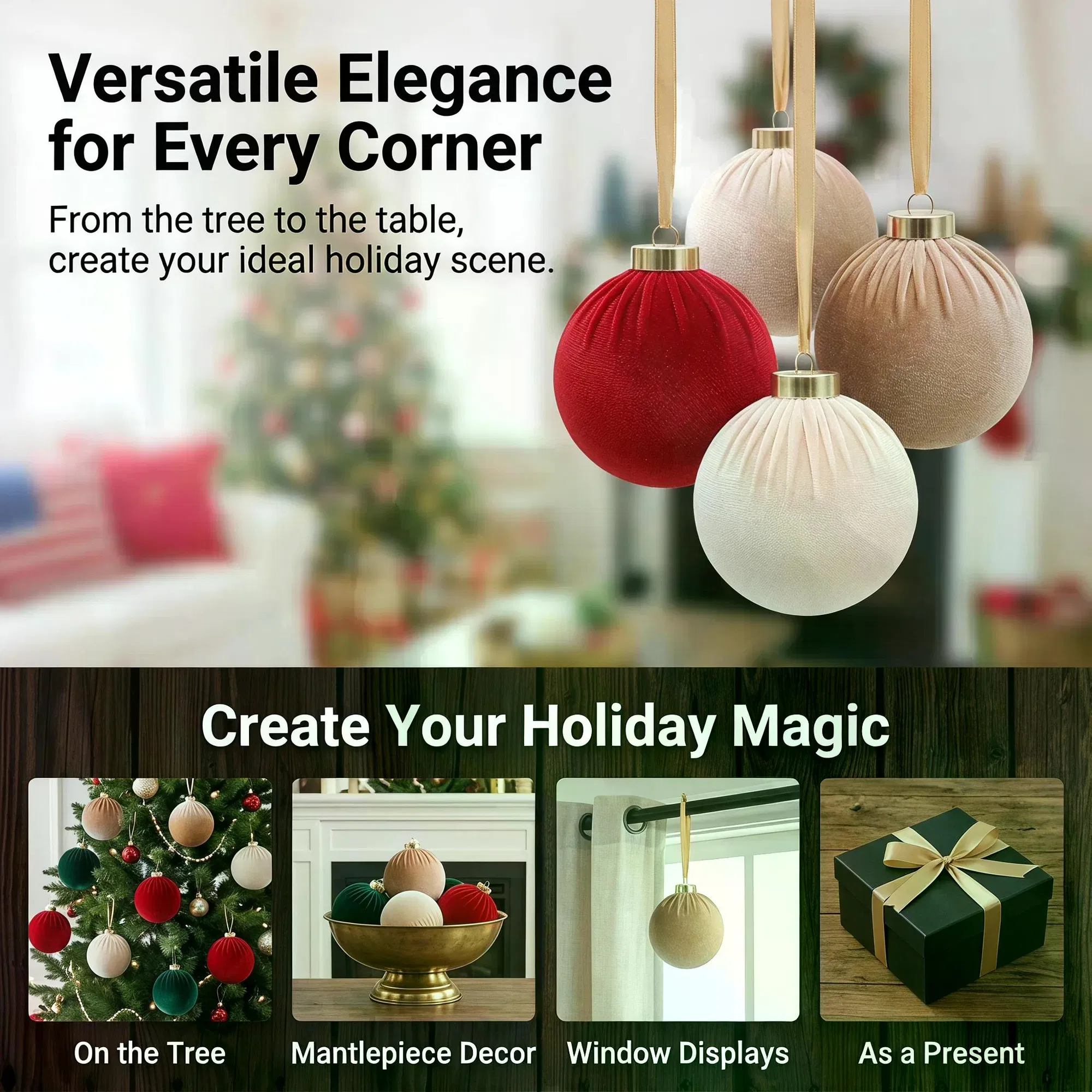 12Pcs Velvet Christmas Baubles Set, 80mm (3.15inch) Fabric Wrapped Xmas Balls, Red Green Cream Coffee Hanging Ornaments for Christmas Tree Holiday Home Party Decor photo 6