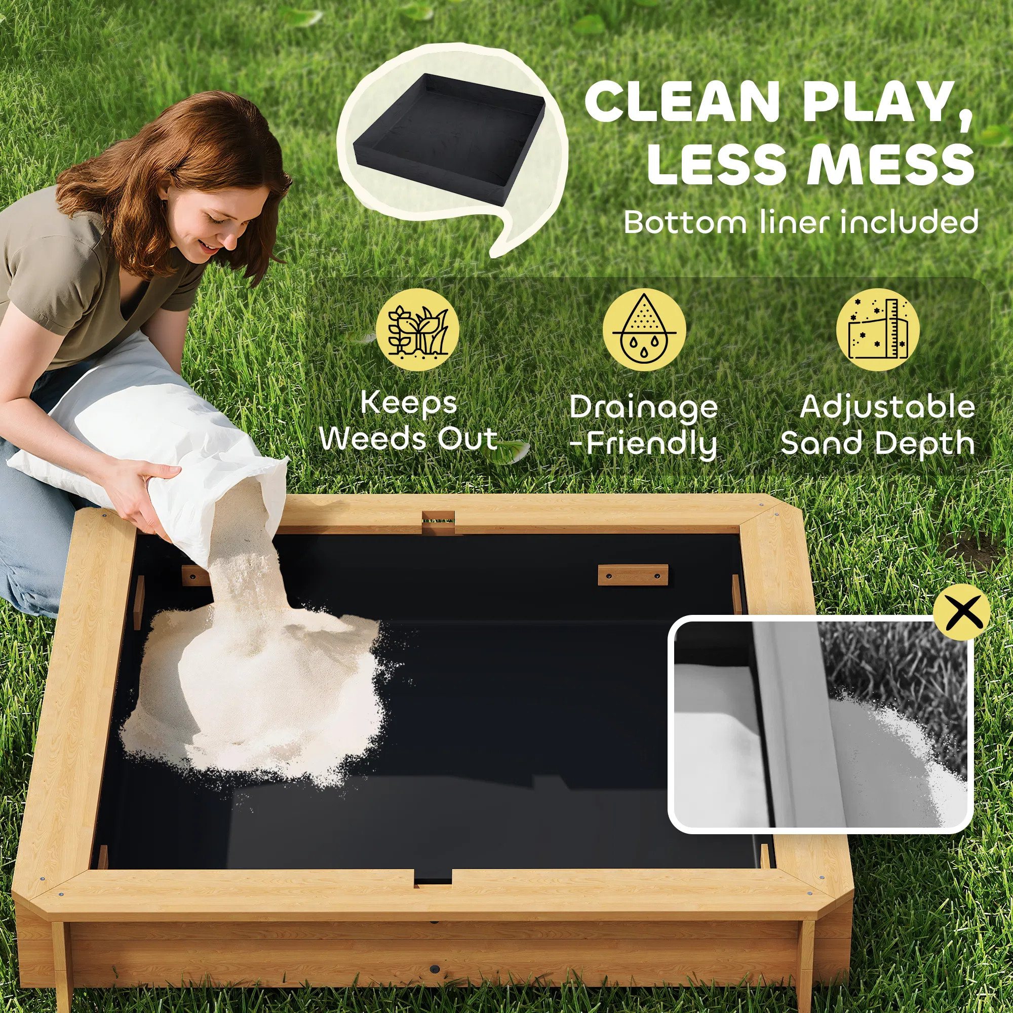 Wooden Kids Sandbox with Cover, Sand Play Station with Foldable Bench Seats and Adjustable Canopy, Light Brown photo 5