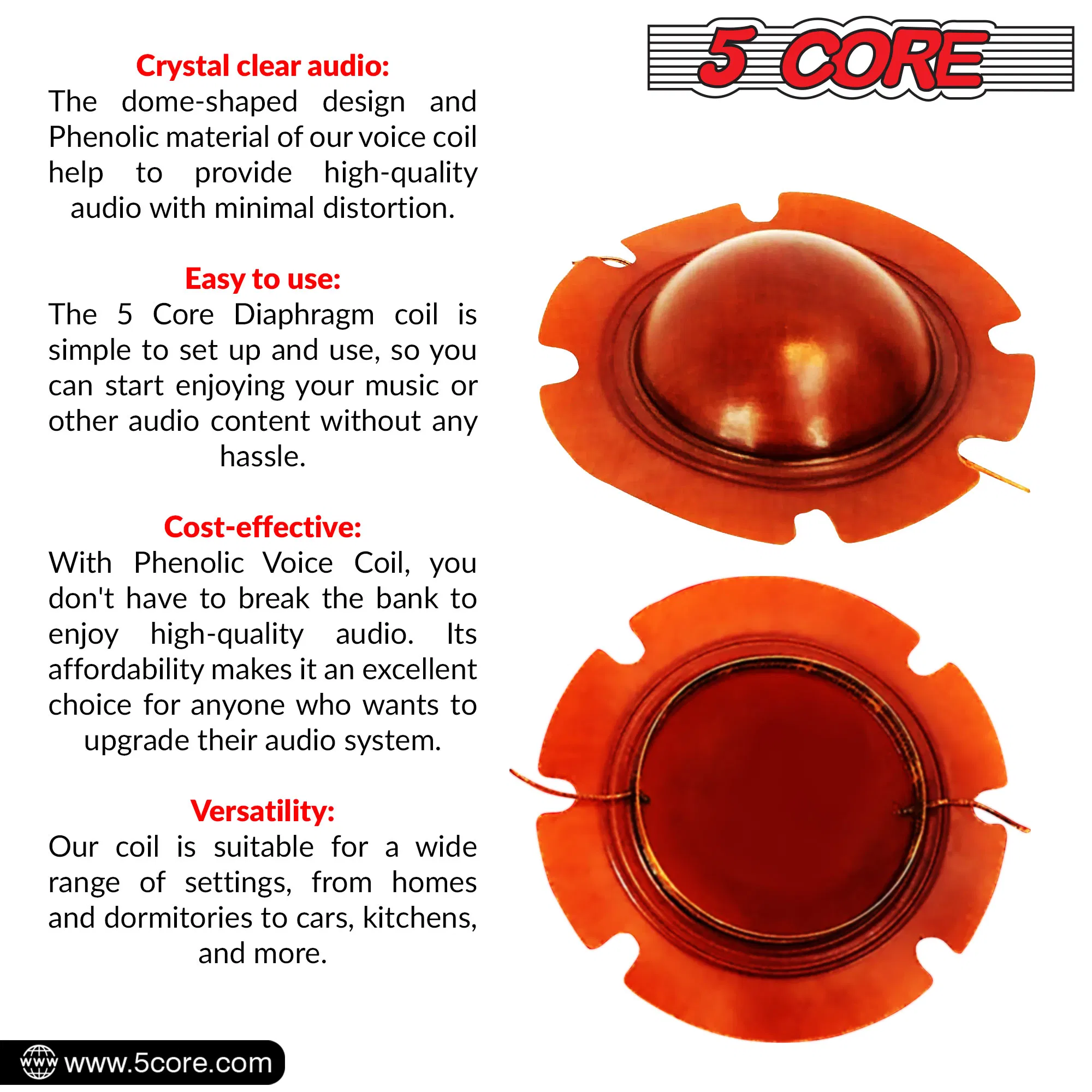 5Core 2 Inch Diaphragm Replacement Phenolic Voice Coil 51mm + Kapton Former Diameter Horn photo 3