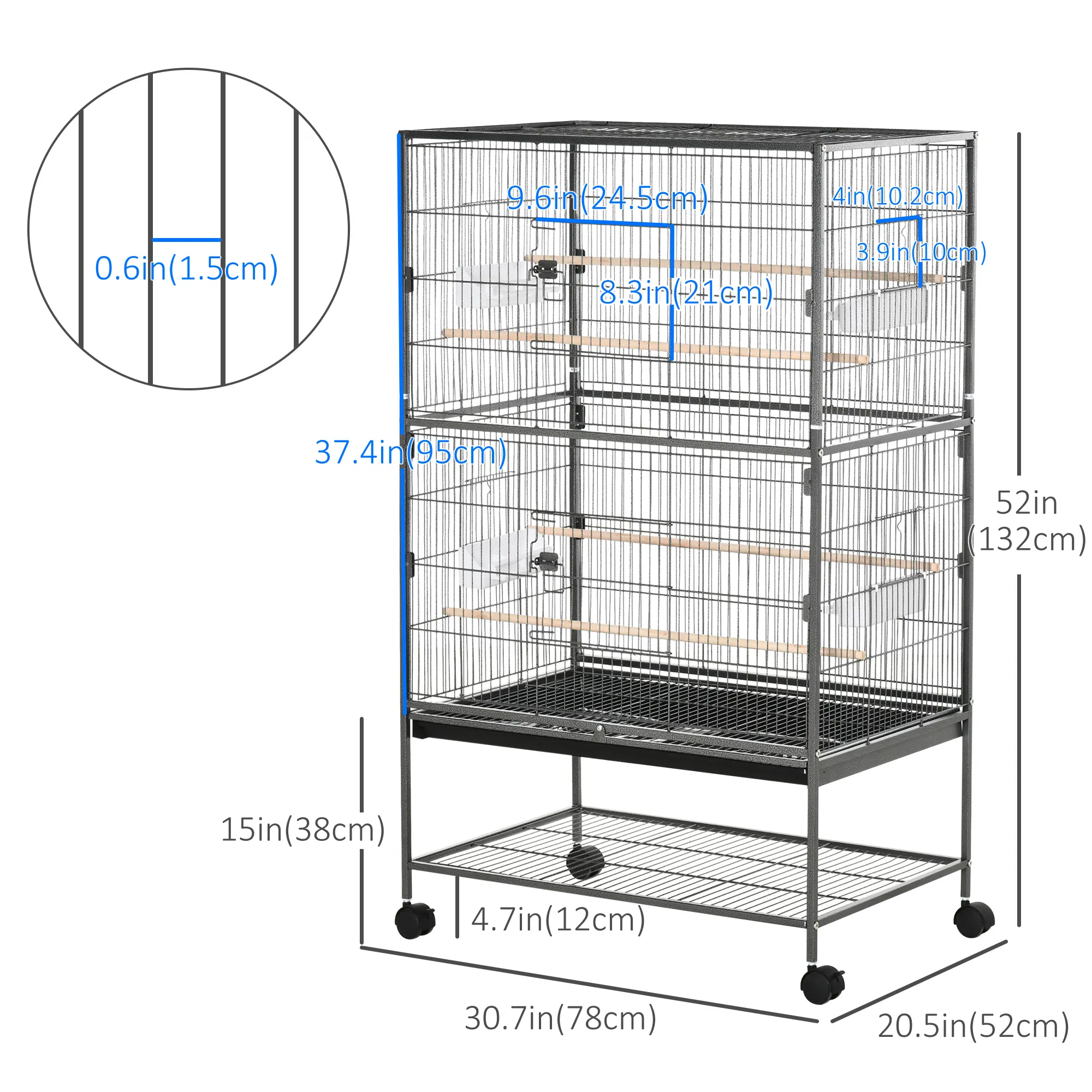 52'' Large Rolling Steel Bird Cage Bird House with Rolling Stand, Storage Shelf, Wood Perch, Food Container, Dark Grey photo 3