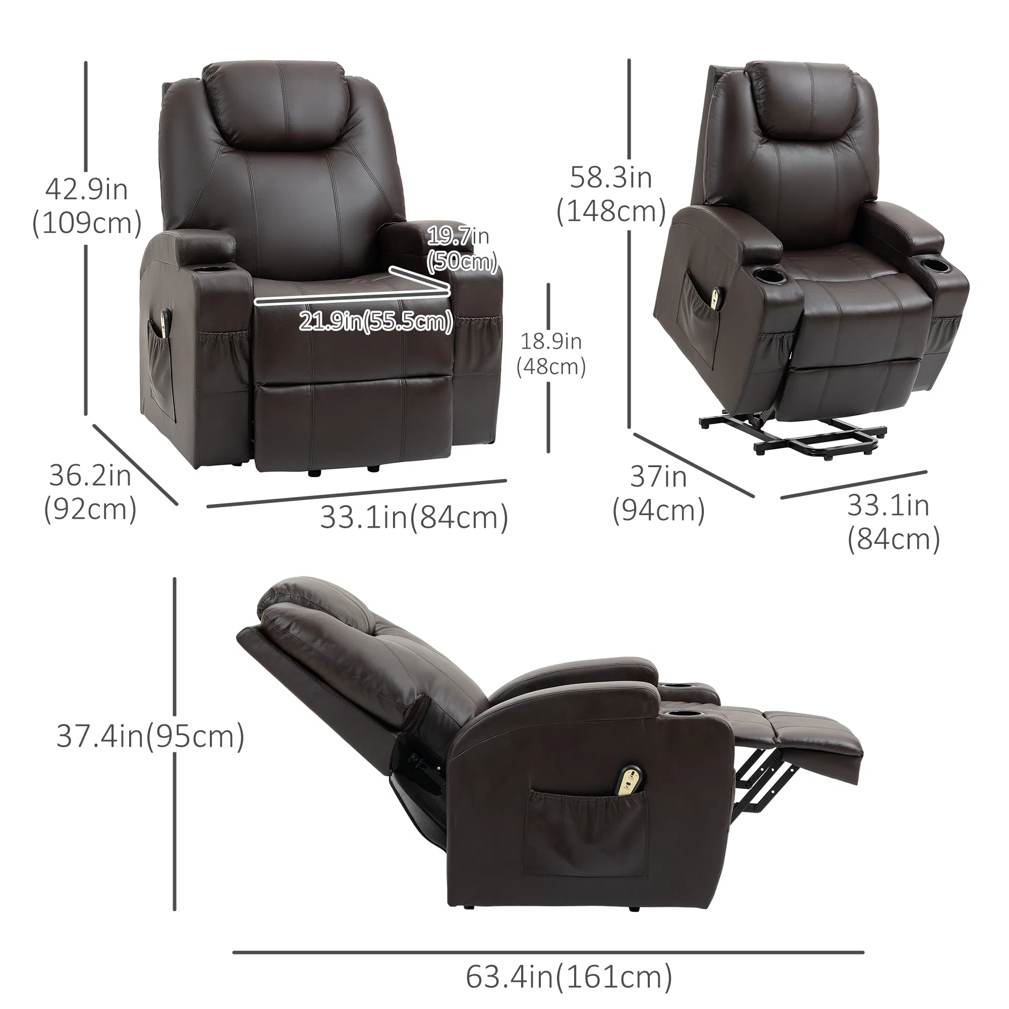 Power Lift Recliner Chair for Elderly, PU Leather Lift Chair with Footrest, Remote Control, Side Pockets and Cup Holders, Reclining Sofa for Living Room, Brown photo 2