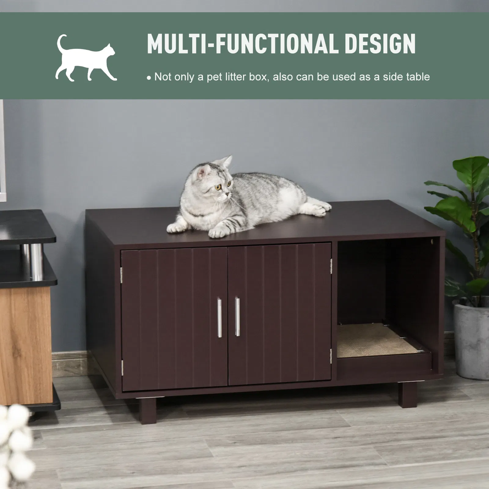 Cat Litter Box Enclosure, Hidden Litter Box Furniture, Cat House End Table Washroom with Scratching Pad, for Indoor Cats Kittens, Brown photo 4