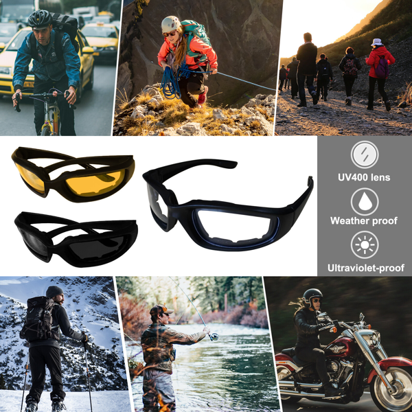3 pairs Motorcycle Sports Biker Riding Glasses Wind Resistant Eye Protection Women Men Sports Goggles Cycling Glasses Sunglasses Gray/Clear/Yellow photo 4