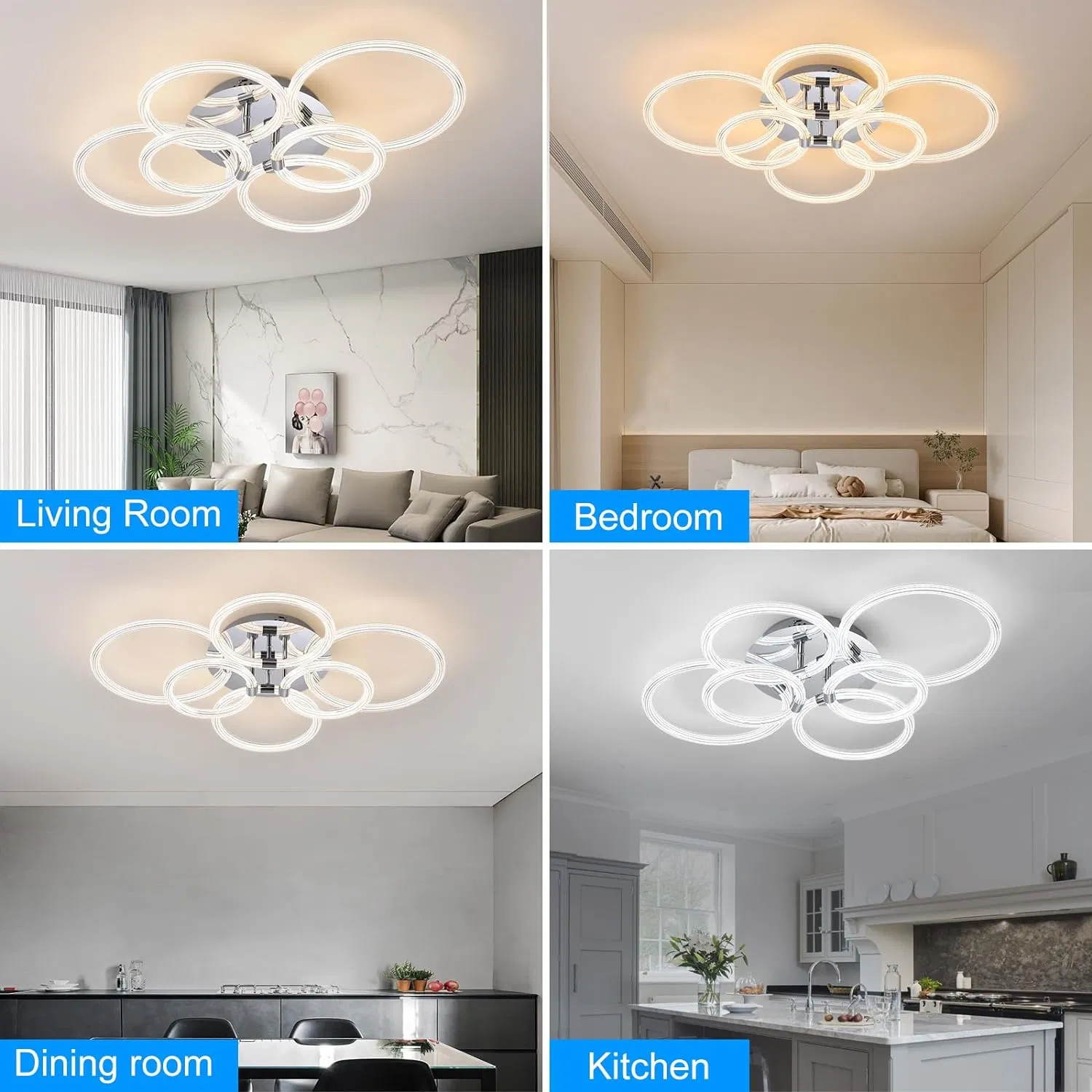 Modern LED, Flush Mount Ceiling Light with Dimmable Remote Control, 6Rings Acrylic Fixture for Bedroom, Living Room, Kitchen, Office Lamps (6 Heads)[Unable ship weekends, TK/TEMU only for pickup] photo 6