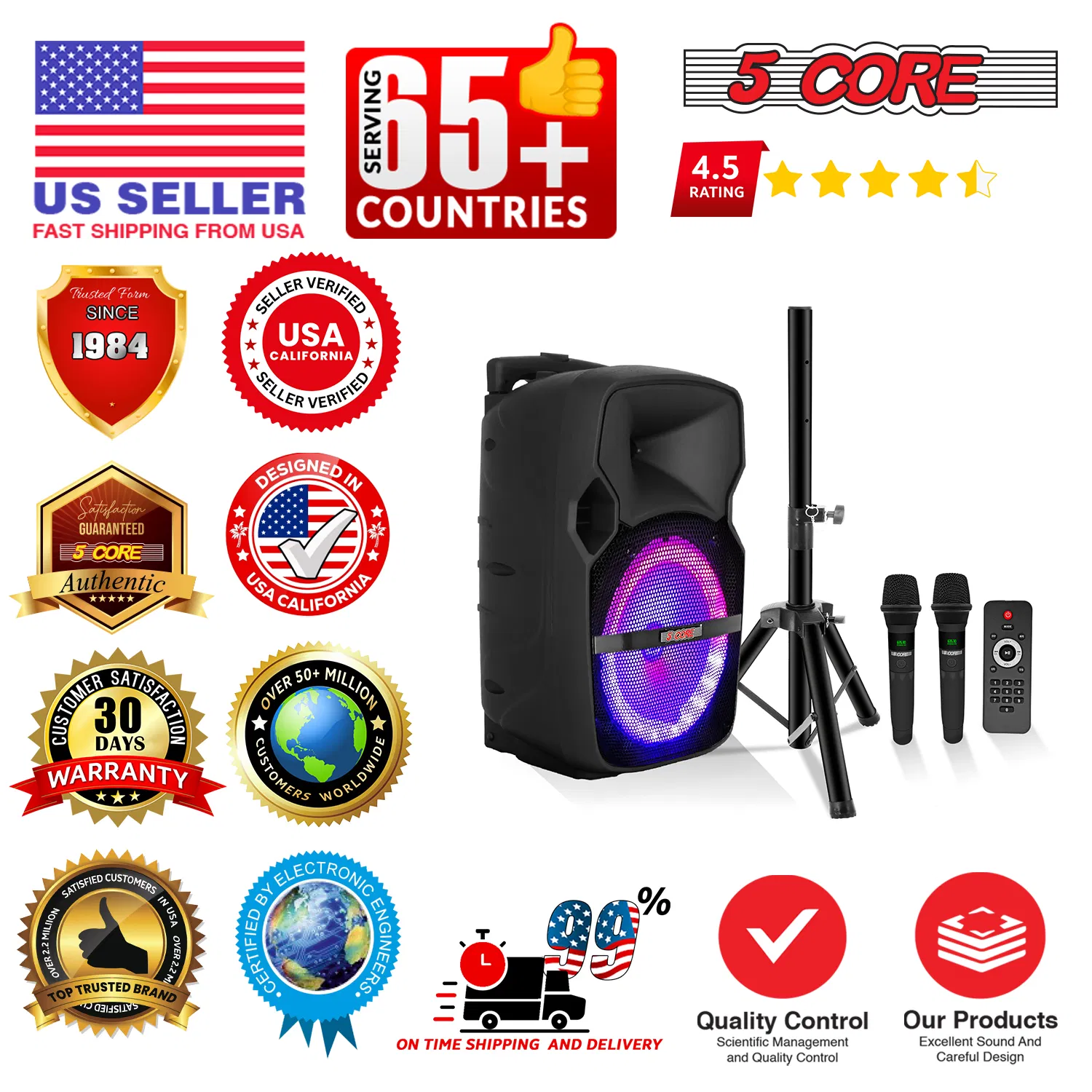 5 Core Party Speaker w Microphone 400W Big Rechargeable Bluetooth Loud PA DJ Karaoke System w Stand photo 7