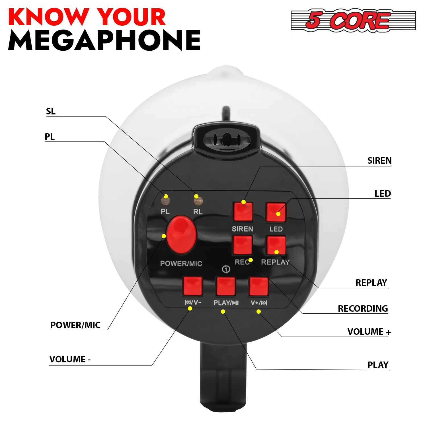 5 Core Megaphone 30W Bull Horn PA Speaker w 800 Yards Range Siren Loud Megafono for Sports & Coaches photo 2
