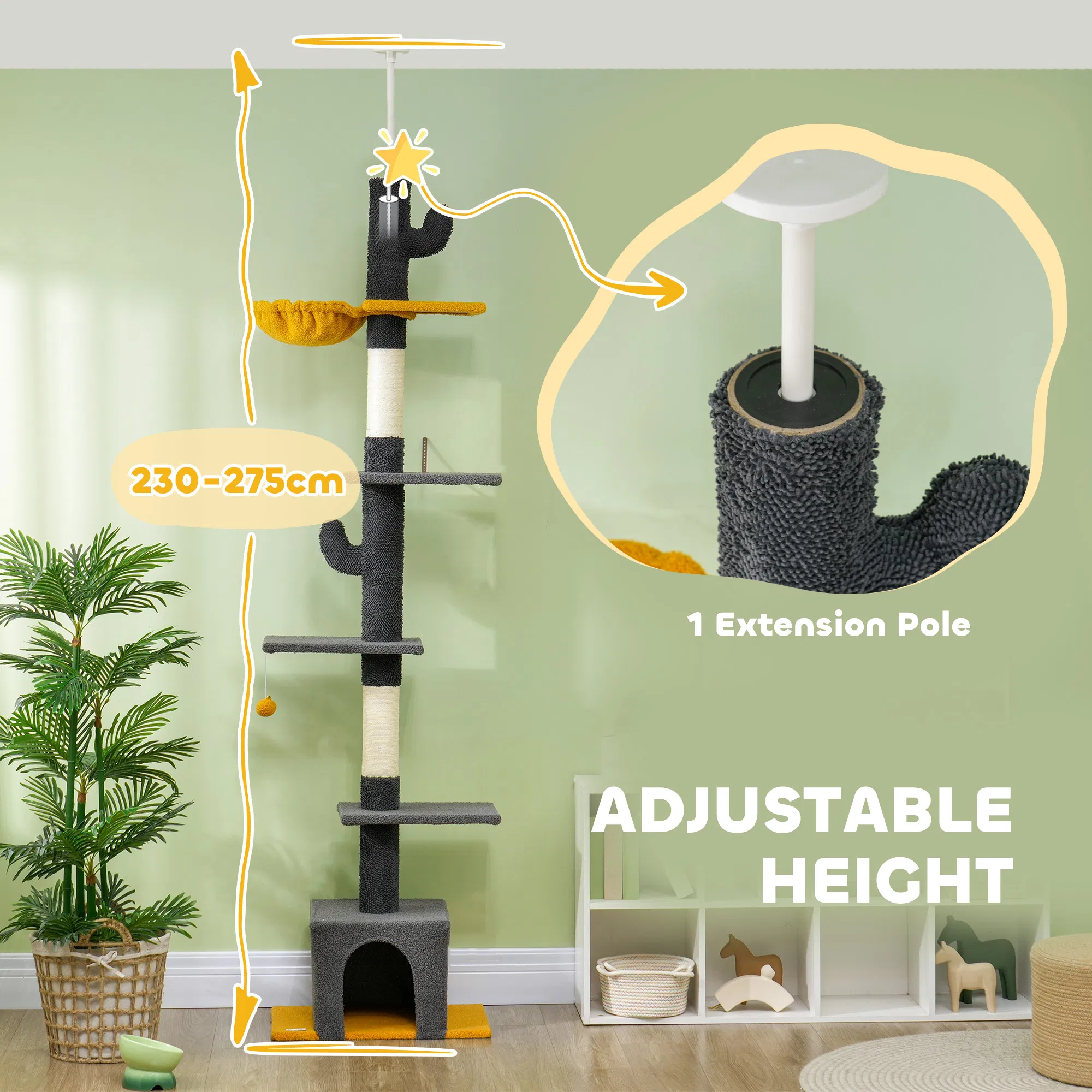 Floor to Ceiling Cat TreeTower with 90.5"-108" Adjustable Height, Scratching Posts, Hammock, Condo, Toy Ball, Dark Grey photo 4