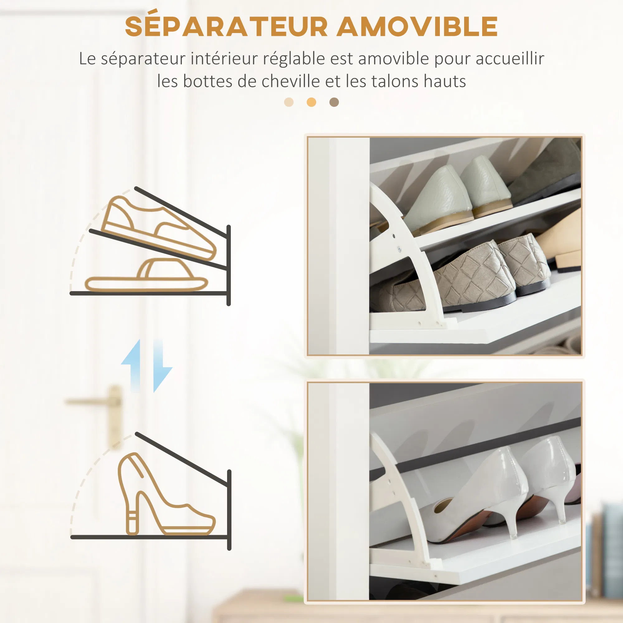 Shoe Storage Cabinet with 3 Flip Drawers and Adjustable Shelves for 9-18 Pairs of Shoes, White photo 3