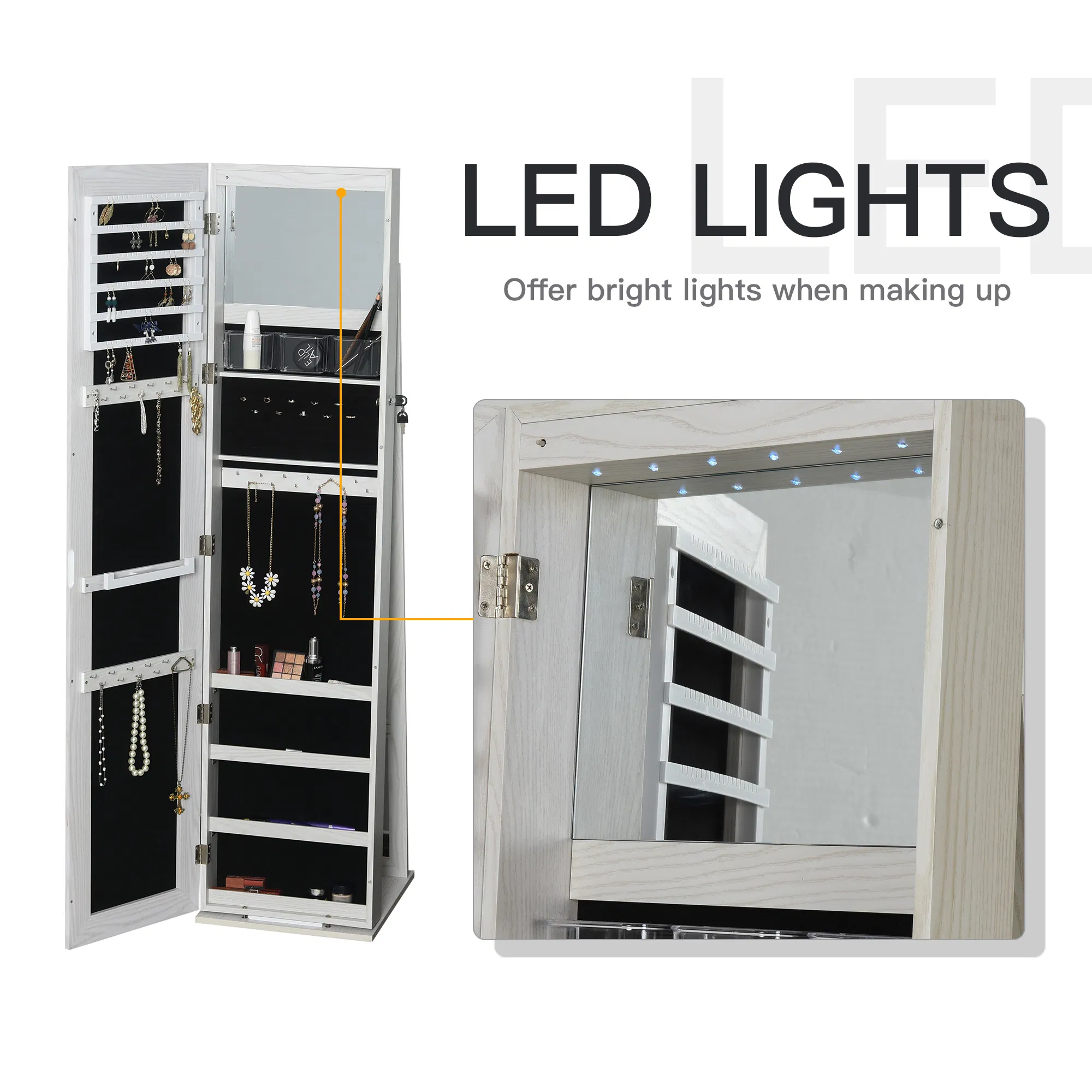 Lockable Jewelry Cabinet Standing Armoire Full Length Mirror LED Lights White Jewelry Organizer photo 4