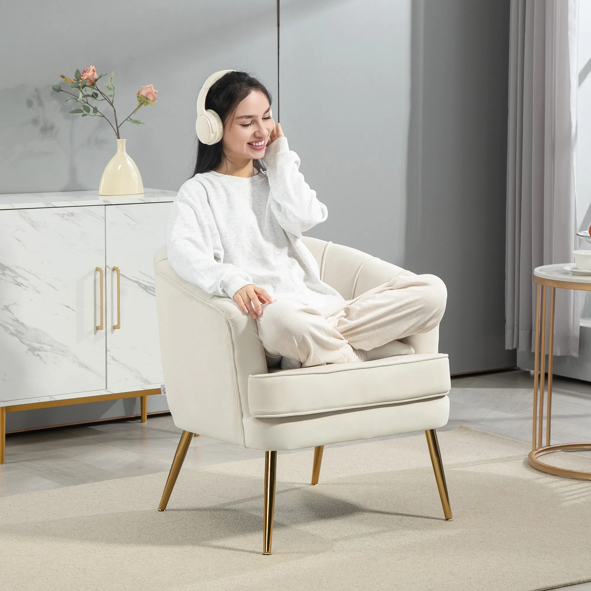 Fabric Armchair, Modern Accent Chair with Gold Metal Legs for Living Room, Bedroom, Home Office, Cream White photo 4