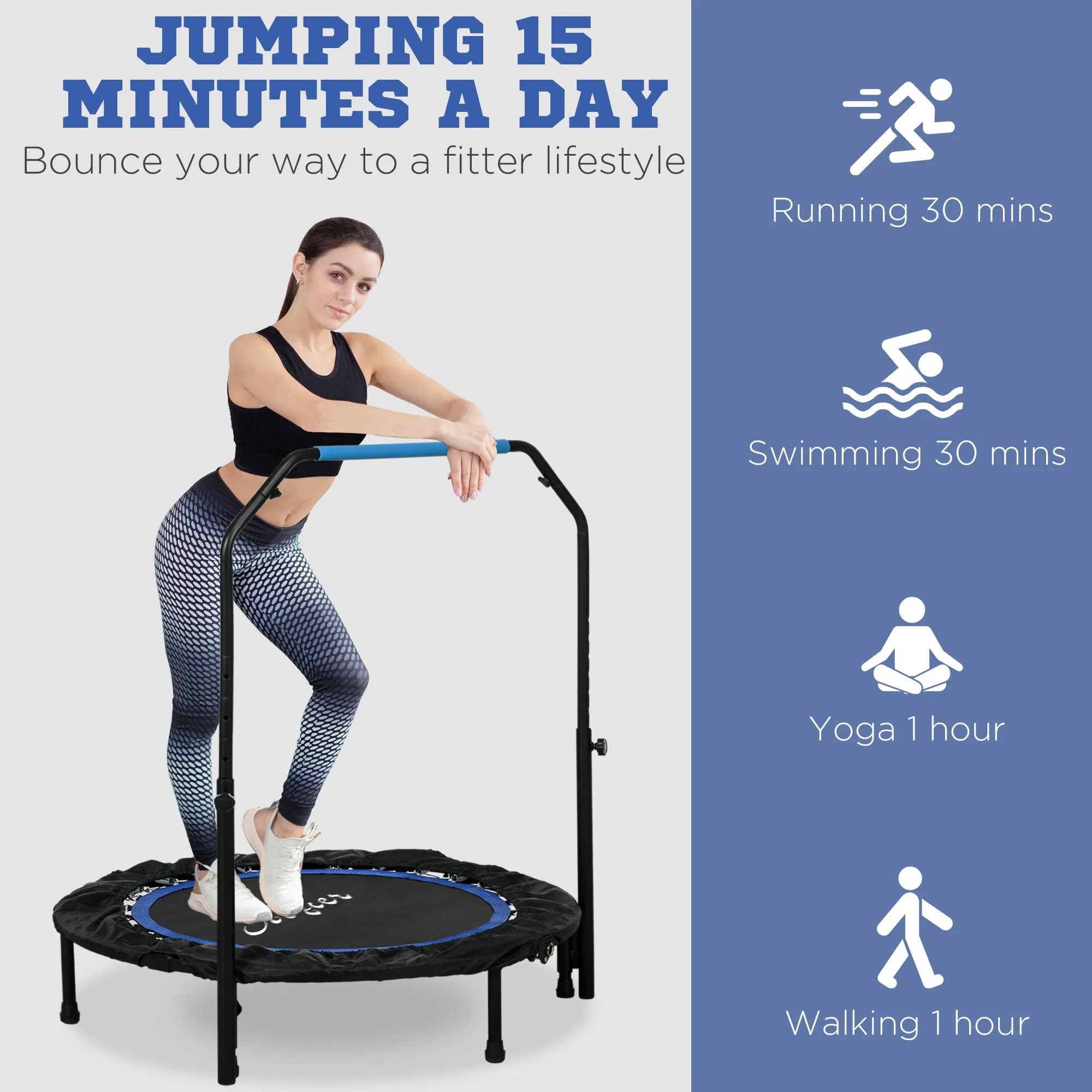 40" Foldable Mini Fitness Trampoline, with Adjustable Foam Handle, Blue photo 3