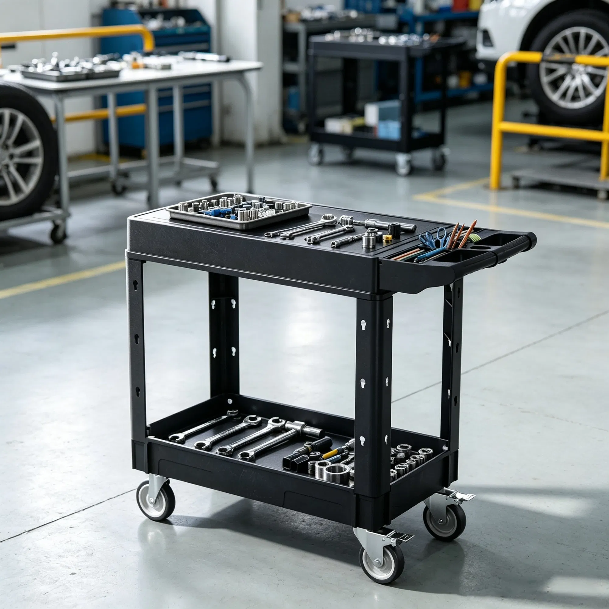 550 lbs Utility Cart, 31.3 x 17.7 Inch 2-Shelf Heavy Duty Plastic Service Cart with 360 Swivel Wheels (2 with Brakes), Suitable for Warehouse, Garage & Cleaning photo 1
